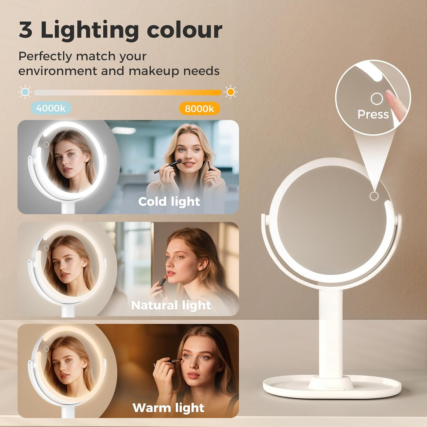Yezi Makeup Mirror Rechargeable with LED 10X Magnification3 Color Lighting Modes, 80 Leds, 2000Mah Battery, Smart Touch Stepless Dimming, 360&deg; Rotation,Storage Base, Type-C,White Mirror, 37X22.4Cm image number 4