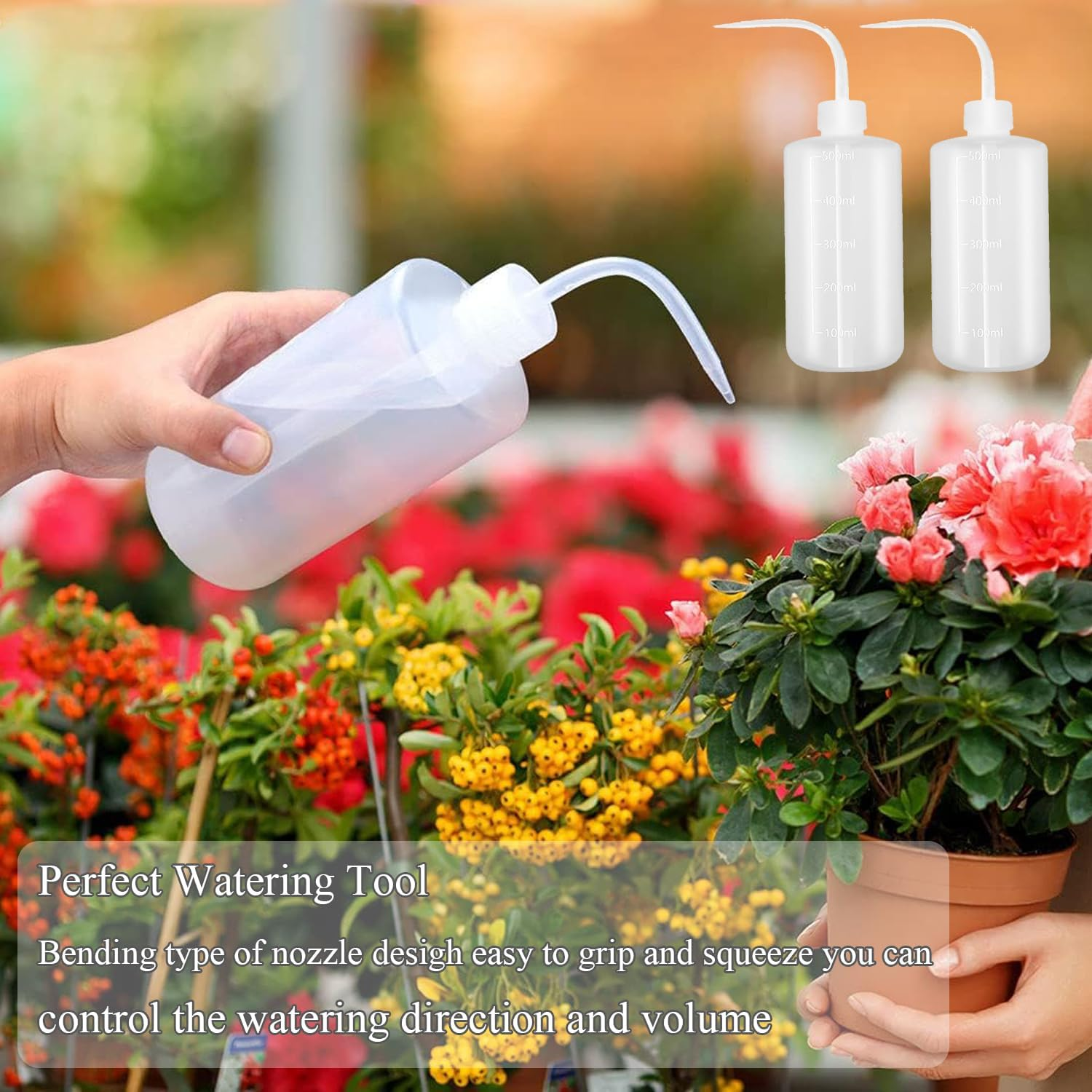 Xinghonyac 2 Pcs Tattoo Wash Bottle, 500Ml Squeeze Sprinkling Can, Plastic Wash Plant Bottle, Flower Succulent Watering Bottle, Water Squirt Irrigation Bottle, with Curved Mouth and Scale Marks (A)