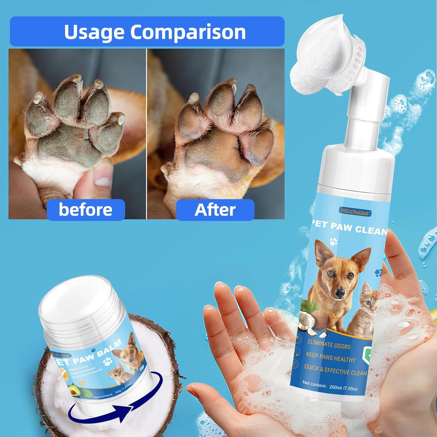Dog Paw Care Kit,No-Rinse Paw Cleaner for Dogs & Cats,Dog Paw Balm for Heals -Repairs Dry Cracked Paws & Nose with 1 Pet Cleaning Towels,Natural Dog Paw Protector for Pet Foot Washer Care (200 Ml) image number 4