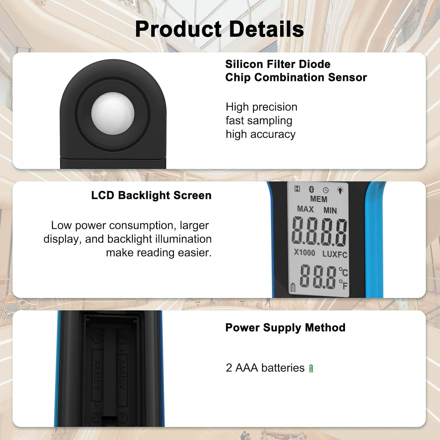 Digital Light Meter, 1-400000Lux Illuminance Meter with Large LCD Screen Handheld Ambient Temperature Measurer, Lumen Meter for Plants, Photography Lab, Classroom, Bedroom, 5000A, HOLDPEAK
