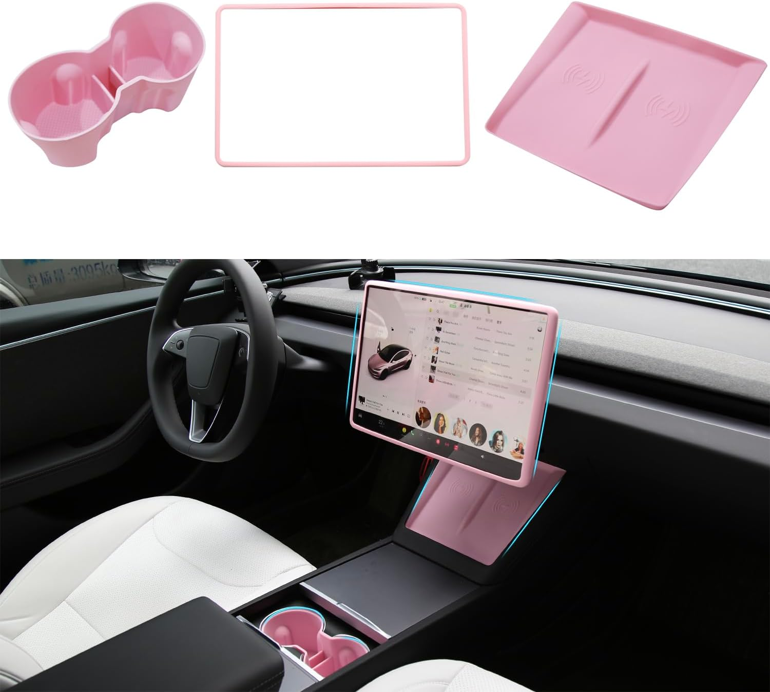 TOPABYTE 3PCS Center Console Accessories for Tesla Model Y 2021-2024 and Model 3 2021-2023 Cup Holder Insert, Screen Edge Protector Frame, Silicone Wireless Charger Mat, Pink