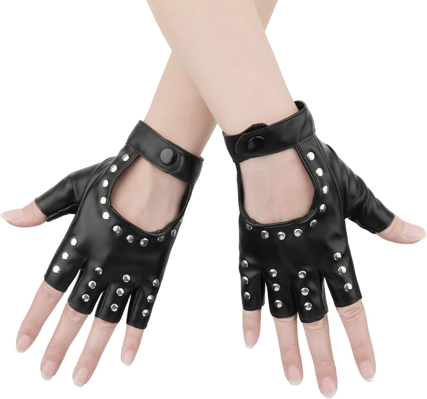 1 Pair Half Finger Leather Gloves, Stylish Fingerless Leather Gloves with Rivets Biker Punk Gloves for Halloween Women Girls Cosplay Performance (Black), Black, Medium image number 5