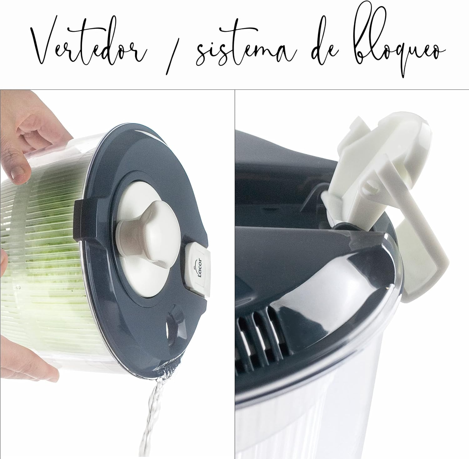 Lacor 61422 Small Spinner with High Speed, Rotary Knob, Locking System, 3-Piece, Draining Rack, Bowl, 100% Bpa-Free, Diameter 20.5 X 19 Cm, Grey, Steel image number 1