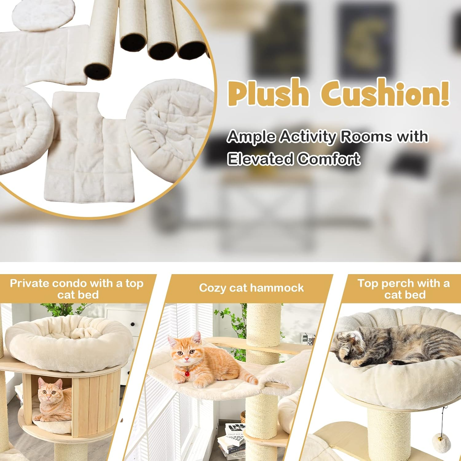 Wood Cat Tree for Indoor Cats, Tall Modern Cat Tower W/Sisal Scratching Posts, Condo, Padded Perch, Hammock, Napping Bed, Dangling Ball, Multi-Level Pet Furniture Kitty Activity Center image number 1