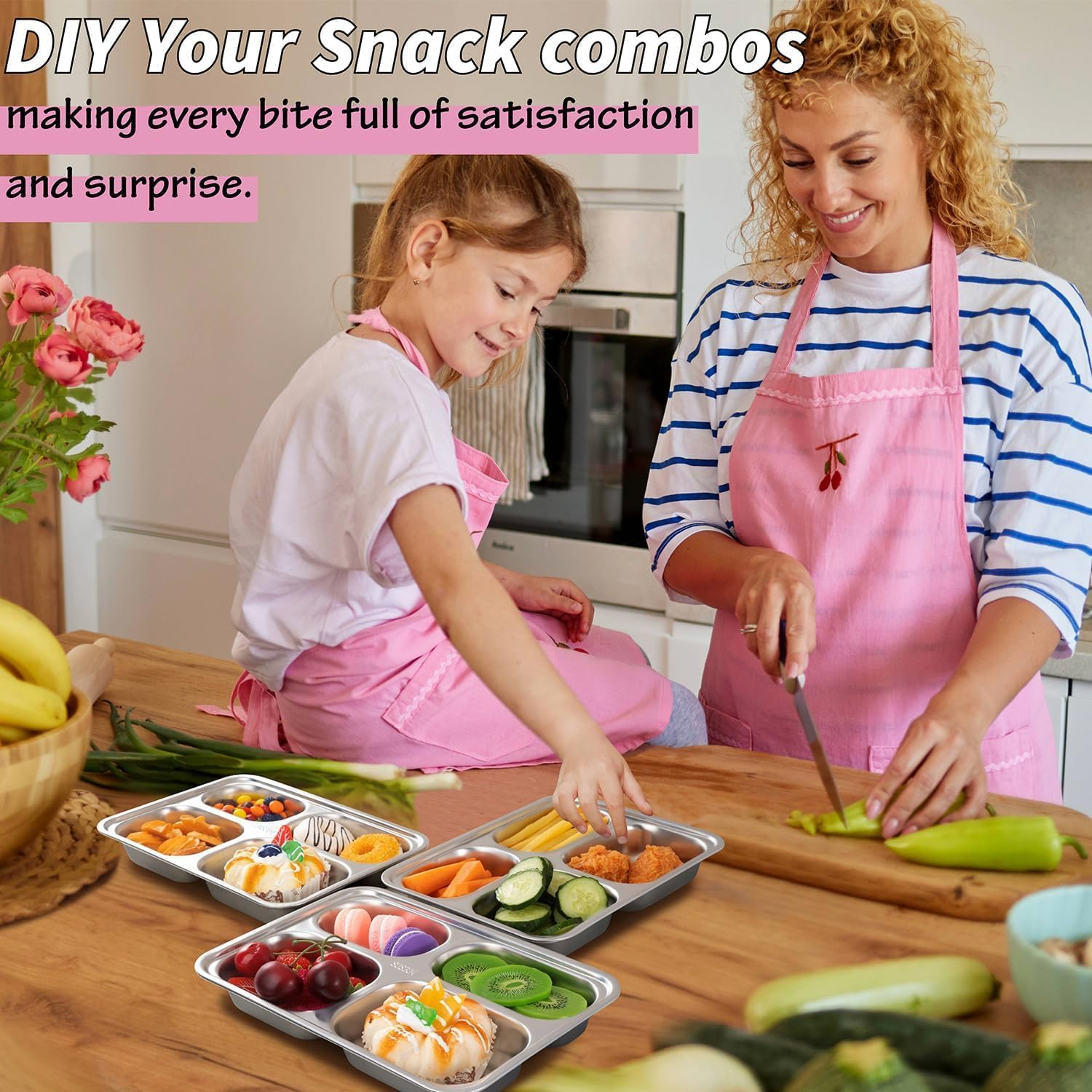 Stainless Steel Snack Containers with Lids-4 Compartments Bento Snack Boxes-Reusable Meal Prep Lunch Containers for Kids Adults - Ideal for School, Office & Outdoor - Dishwasher Safe（3Pack） image number 2