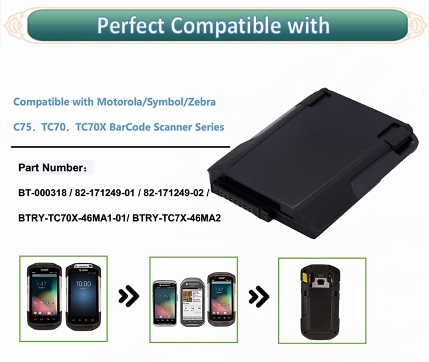 4550Mah Battery Replacement TC77 BT-000318 for Zebra Symbol Motorola Barcode Scanner TC70 TC72 TC75 TC77 TC700H TC700K TC720L Fits BT-000318-01 image number 2