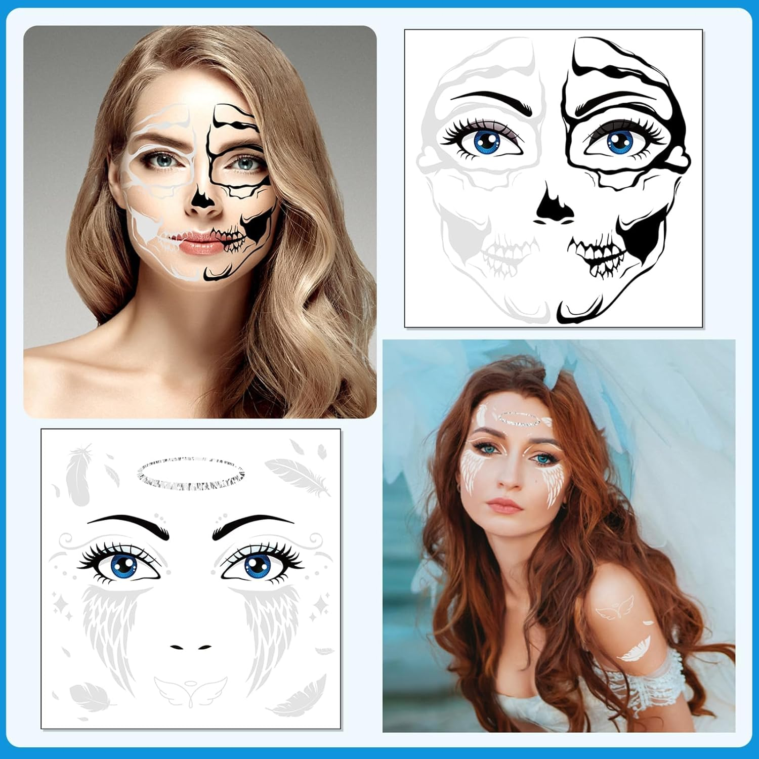 10 Halloween Face Tattoos & Stickers - Day of the Dead, Spider Bat Devil Clown Scar Tattoos for Halloween Makeup & Costumes