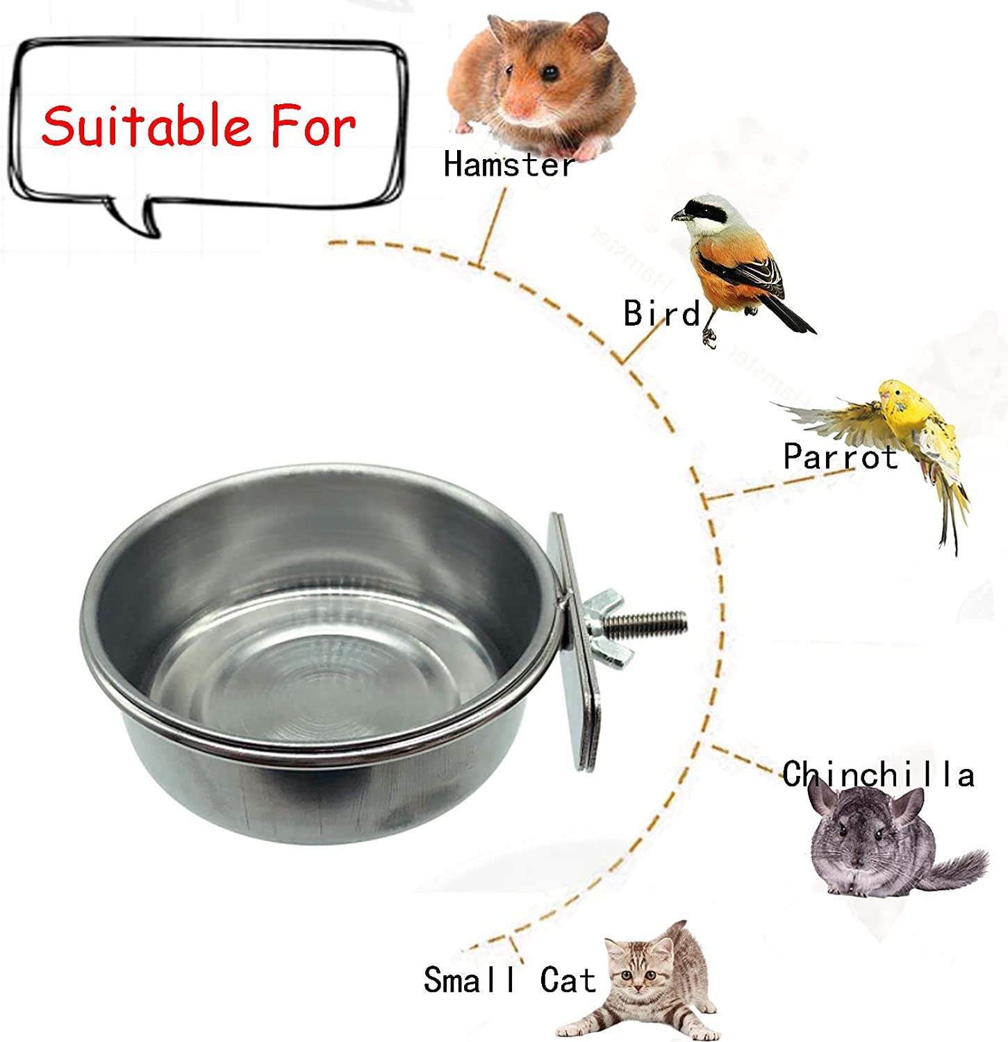 Tfwadmx 2 Pack Bird Feeding Dish Cups, Parrot Food Bowl Clamp Holder - Stainless Steel Coop Cup, Bird Cage Water Bowl for Parakeet African Greys Conure Cockatiels Lovebird Budgie Chinchilla - Silver image number 3