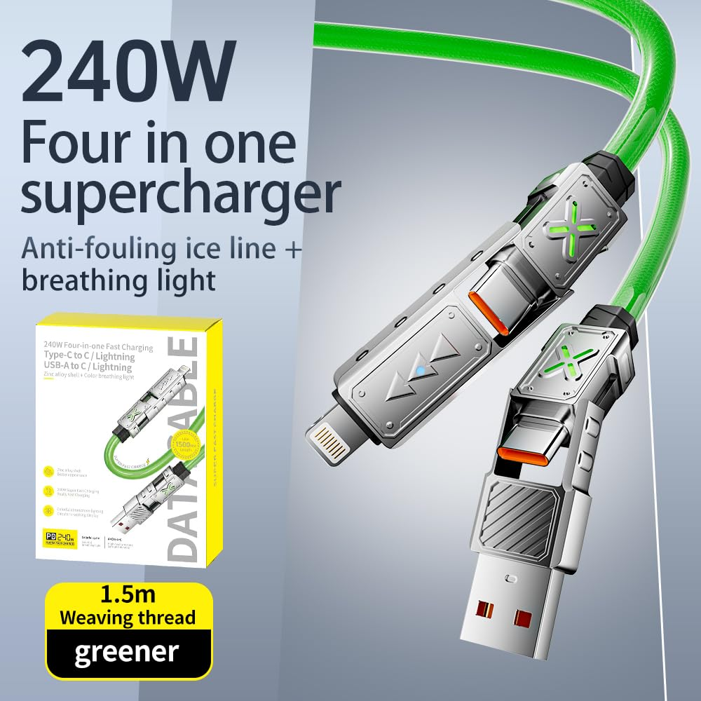 4-In-1 USB-C Cable, 240W PD 5A Fast Charging Cable & Data Sync, Colorful Breath Light Silicone Charger Cord with Type C/USB a for Laptop Iphone Ipad Macbook Samsung Ect-5Ft image number 2