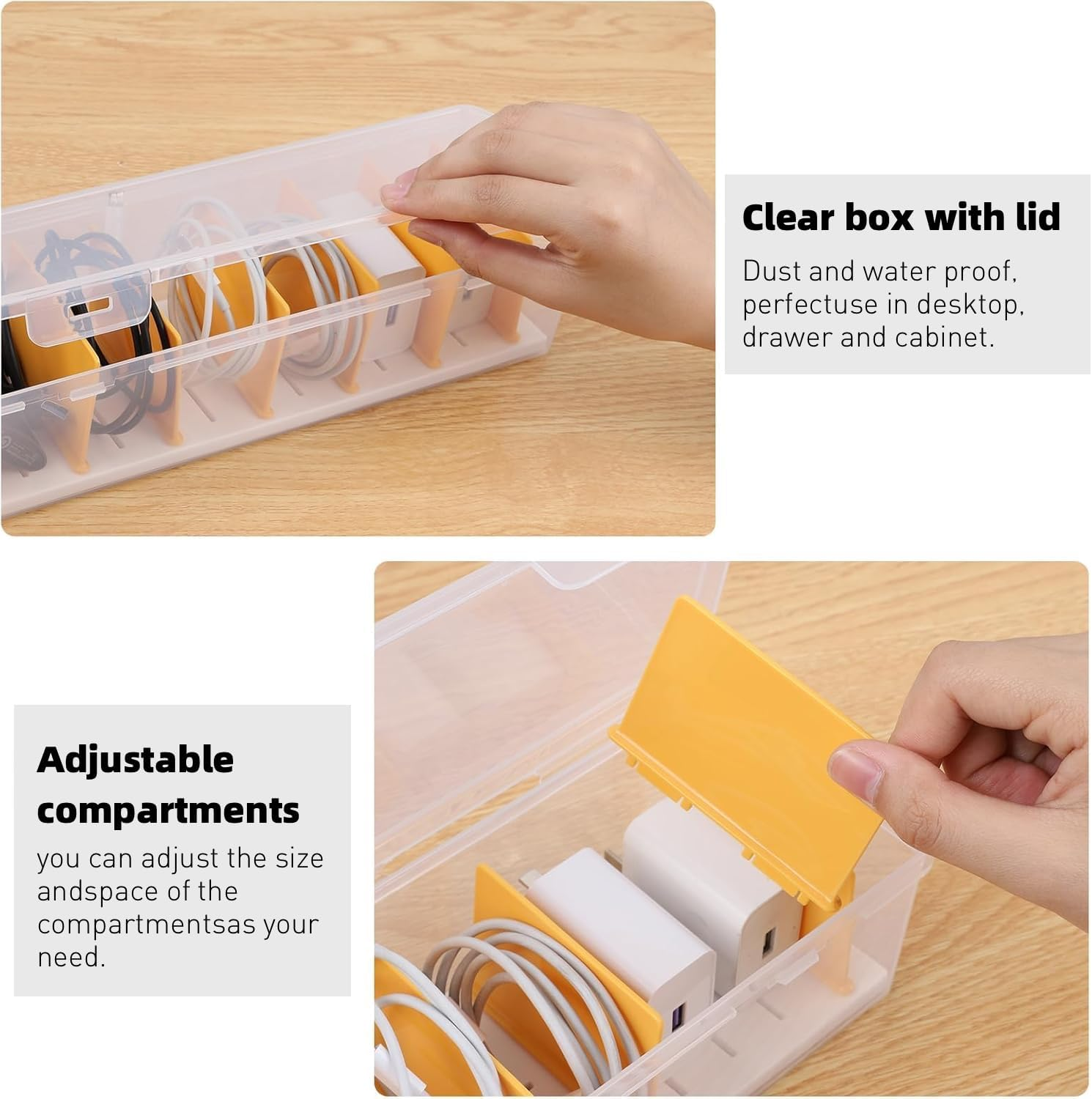 Clear Cable Organizer Box with Lid, Plastic Charger Cable Cord Storage Organizer, Clear Phone Charger Organizer Case Wire Organizers for Cords Electronic Storage Box for Drawer (2)