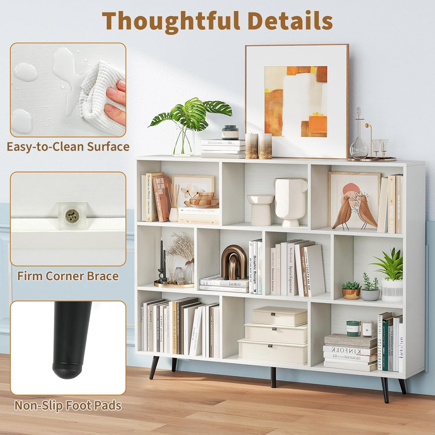 Giantex 10-Cube Bookcase, 140 Cm Mid Century Modern Storage Organizer with 4 Tapered Metal Legs, Freestanding Display Rack Bookshelf with 2 Anti-Tip Kit for Living Room, Study Room, Bedroom, White image number 1