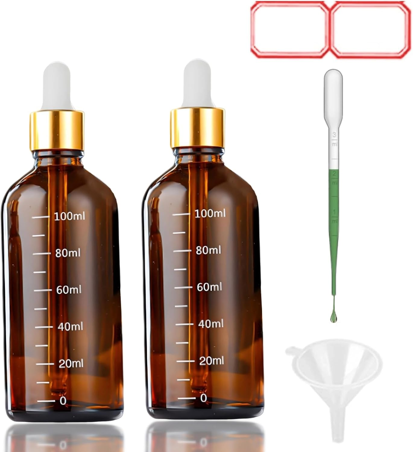 2 X 100Ml Dropper Bottle Clear Glass Dropper Bottle with Droper Pipettes, Refillable Sample Dropperbottles with Funnel and Label for Essential Oil Blending, Perfumery (Amber, 2X100ML)