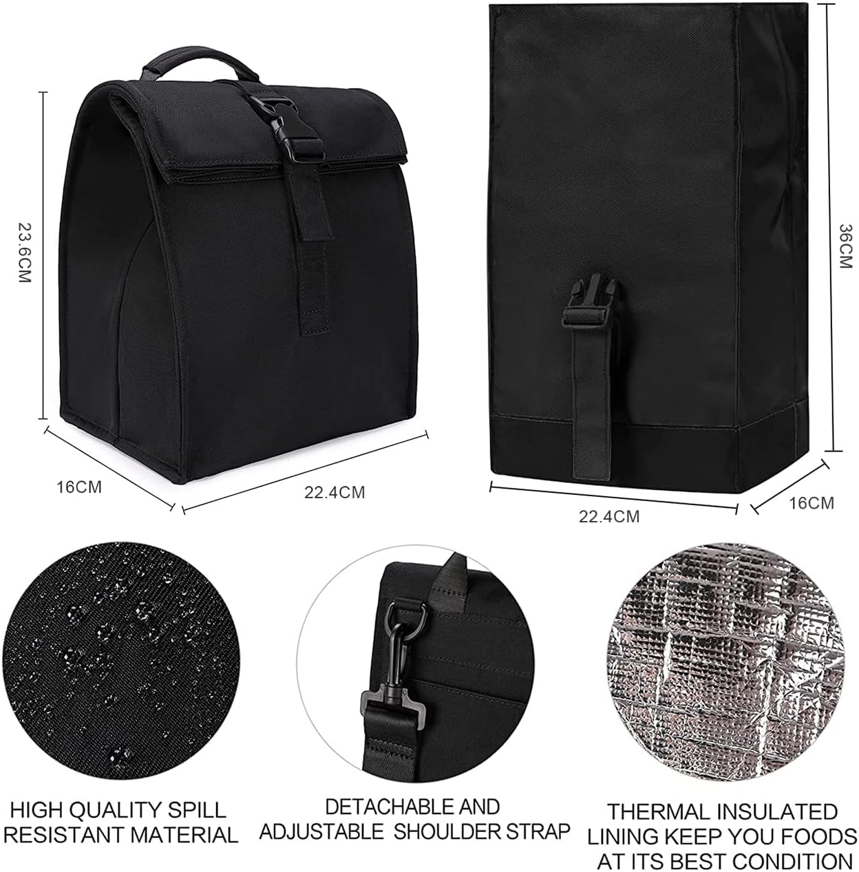 Insulated Lunch Bag for Men & Women Leakproof Cooler Lunch Tote Bag Freezable，Reusable Roll Top Lunch Box for Office Work School Picnic Beach Lunch Outdoor Picnics（Black） image number 4