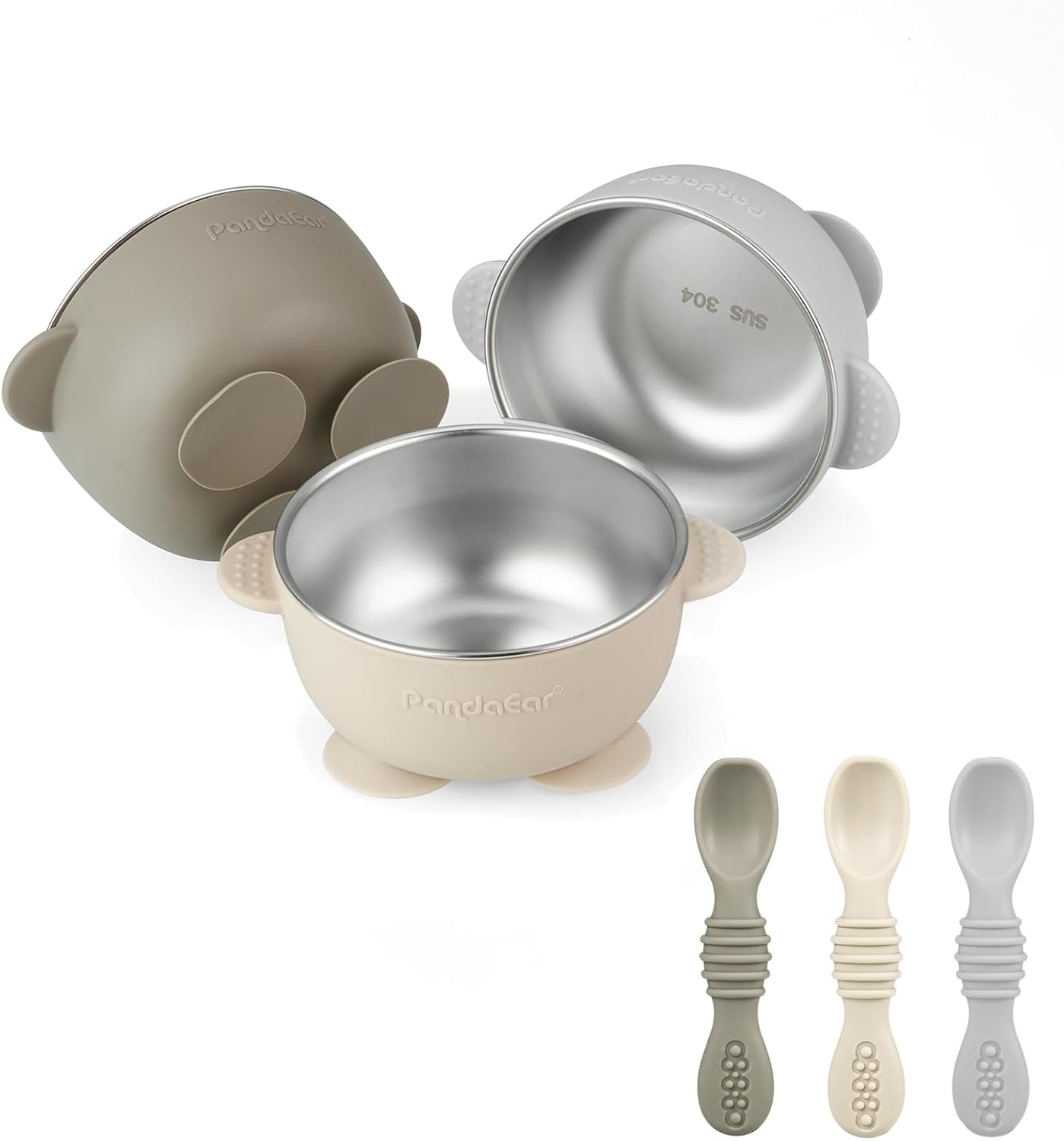 Pandaear 3 Pack Stainless Steel Suction Baby Bowls & 3 Baby Feeding Spoons | Non-Slip Stay Put Bowls & Soft Silicone First Stage Spoons for Toddlers, Bpa-Free Baby Led Weaning Set (Pink Rose Linen)