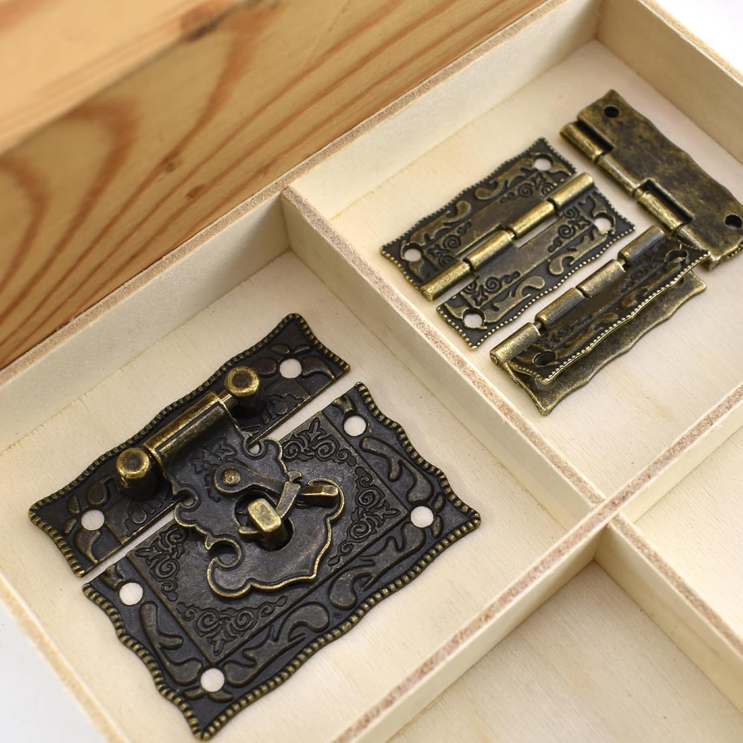 Rectangle Antique Right Hook Hasp Latch Vintage Bronze Engraved Hinge with Matching Screws for Repair and Decorative Jewelry Box Wood Boxes 4 Sets image number 5