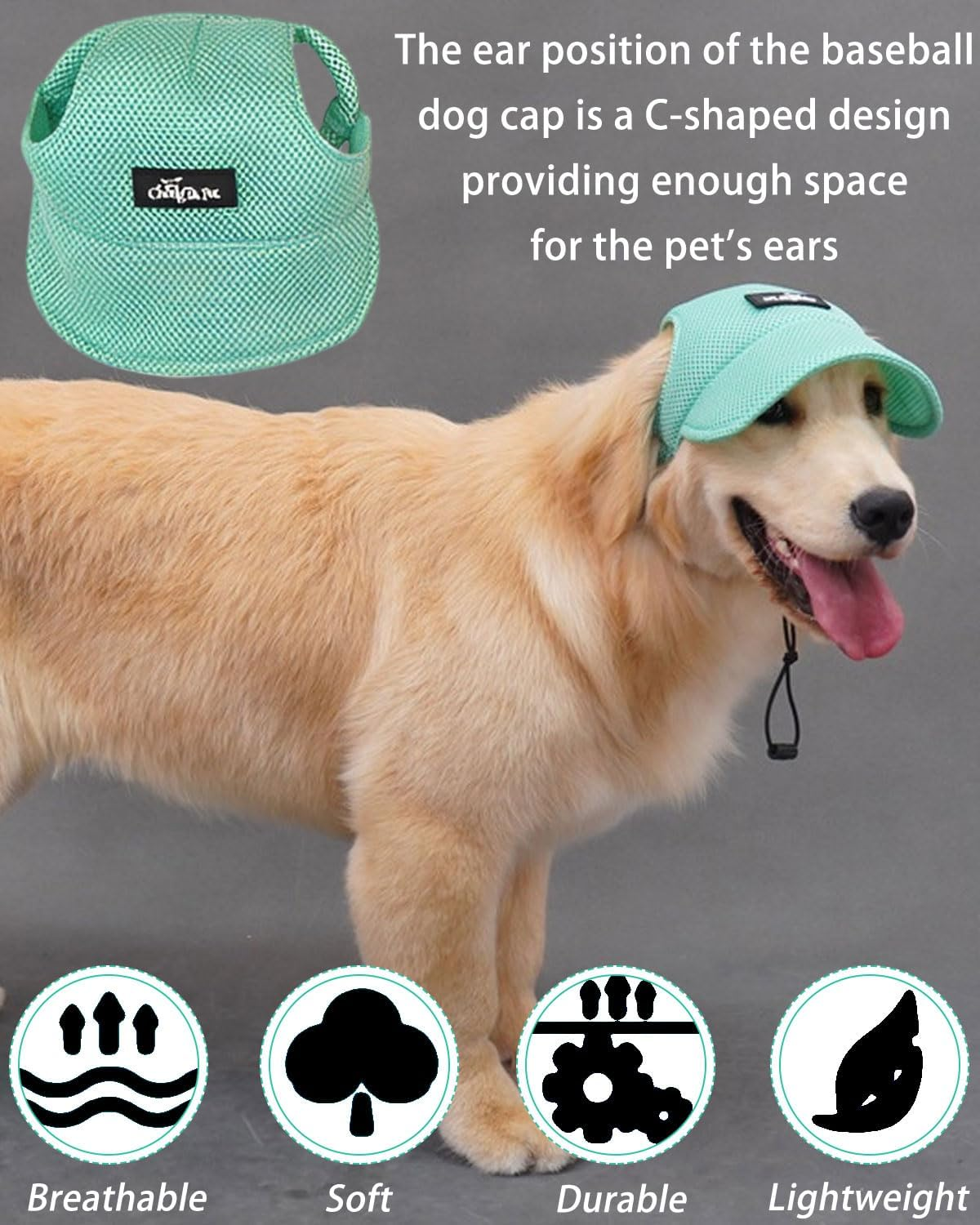 BPTRKOM 1 Piece Dog Baseball Cap with Adjustable Sun Protection - Baseball Cap with Special Ear Holes for All Dog Sizes - Breathable UV Protection Design (Size : M, Color : Green) image number 1