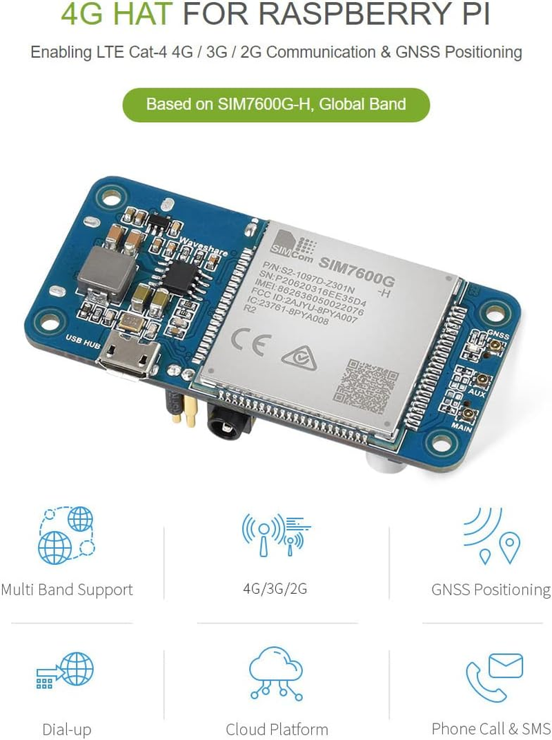 Waveshare SIM7600G-H 4G HAT (B) for Raspberry Pi LTE Cat-4 4G / 3G / 2G Support GNSS Positioning Global Band