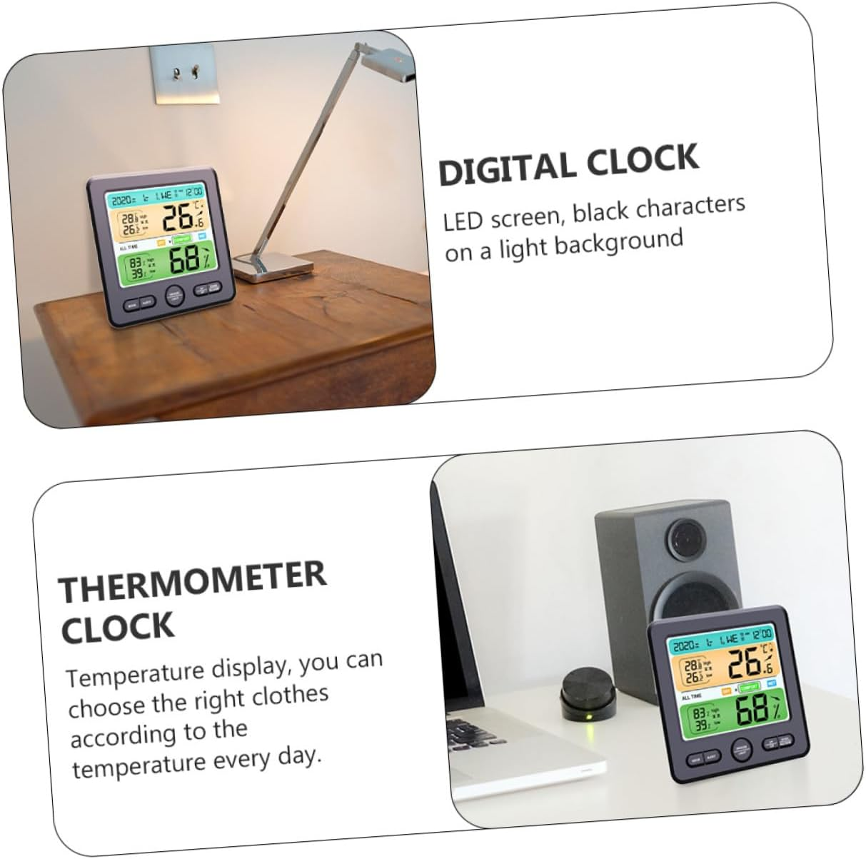 YARNOW Indoor High-Precision Digital Thermometer Hygrometer Clock Wall Mount and Desktop Electronic Alarm Clock Large Screen Temperature Humidity Monitor -6211-B (No Battery) image number 2