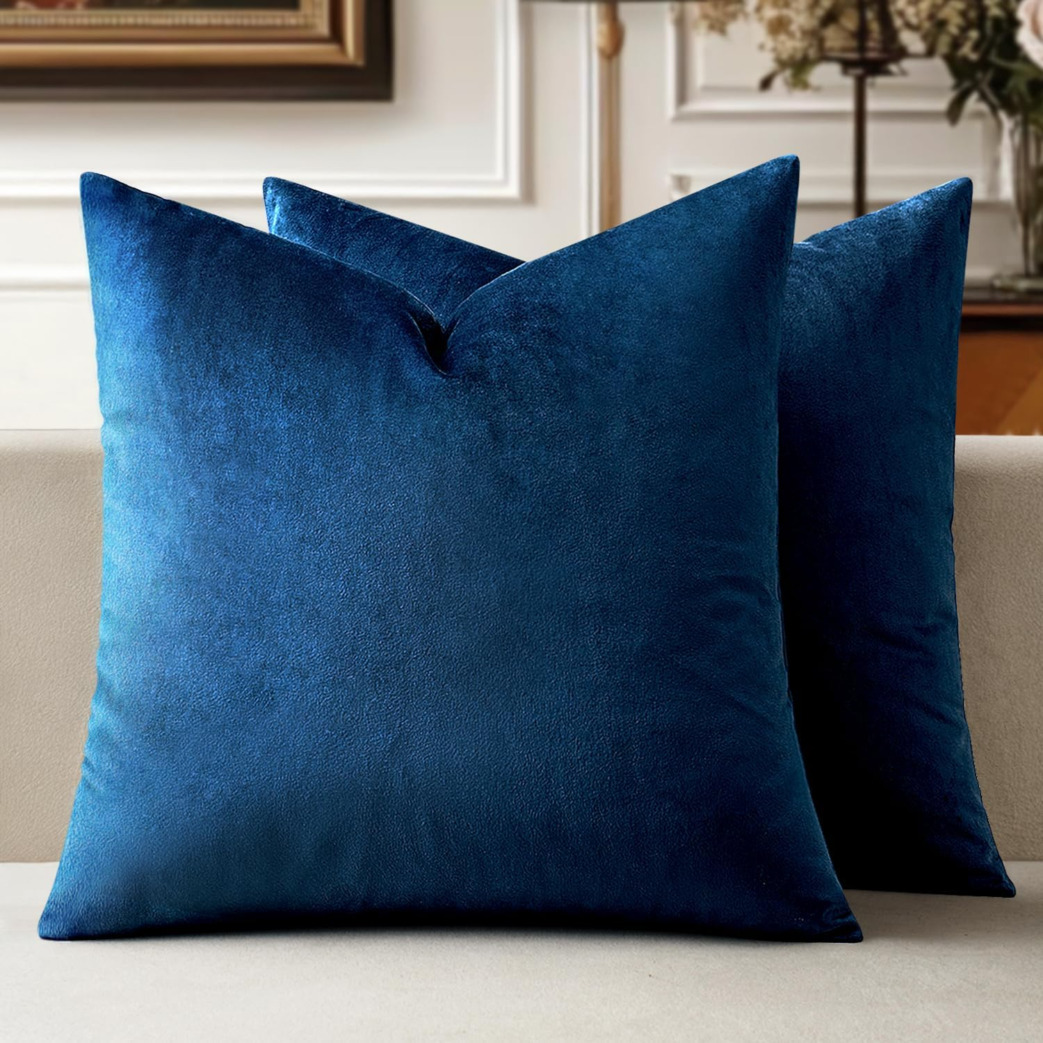 MIULEE Velvet Throw Pillow Covers 18X18 Inch, Pack of 2 - Dark Blue, Super Soft Decorative Square Cushion Cases Modern Luxury Home Decor for Sofa, Couch, Bed, Chair with Invisible Zipper image number 3