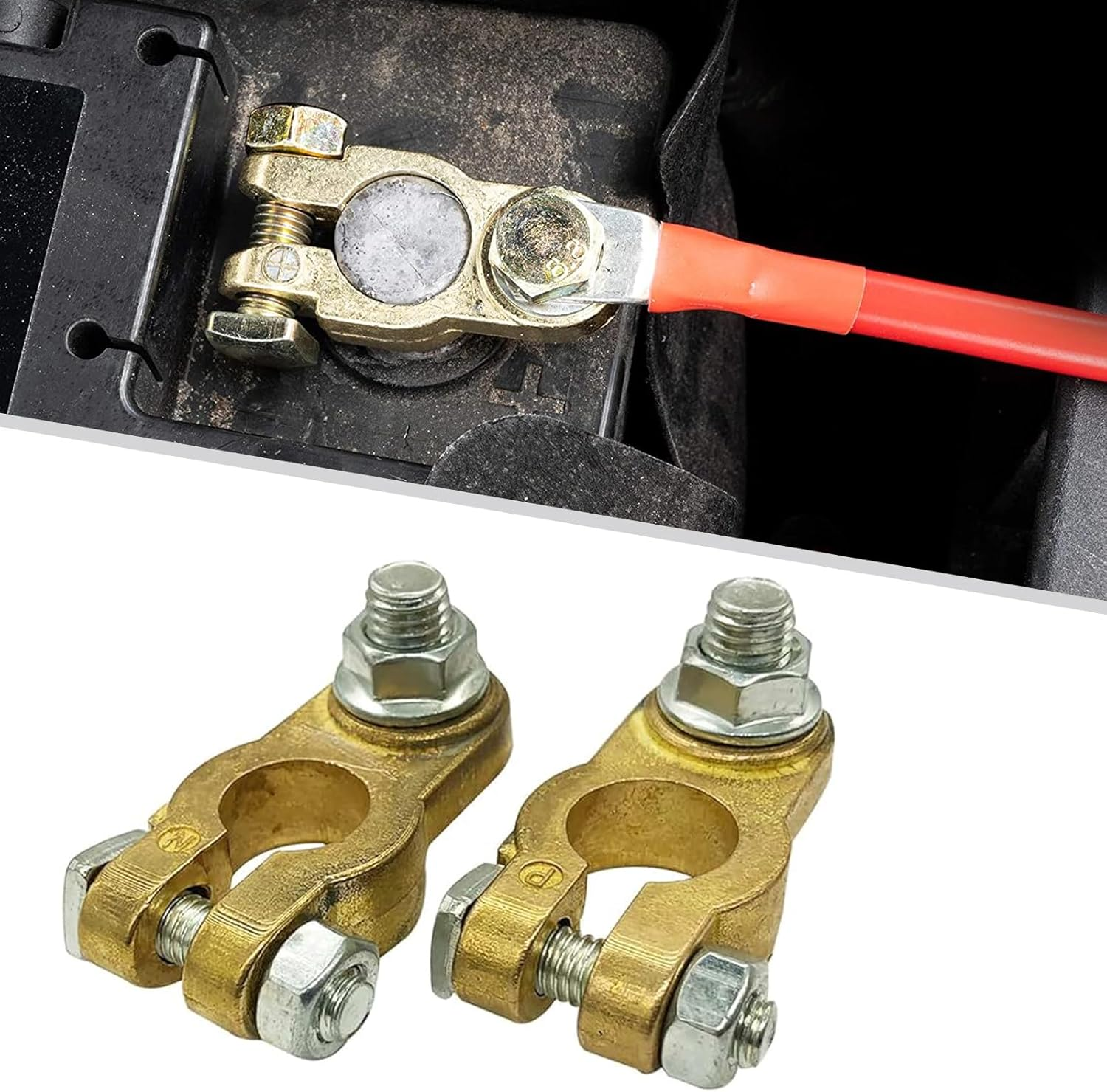 Qioon Brass Battery Terminal Connectors, Car Battery Top Post Clamp Set, P+ N- Pole Clamp for Marine, Boat, Truck, RV, Vehicle (1 Pair) image number 2