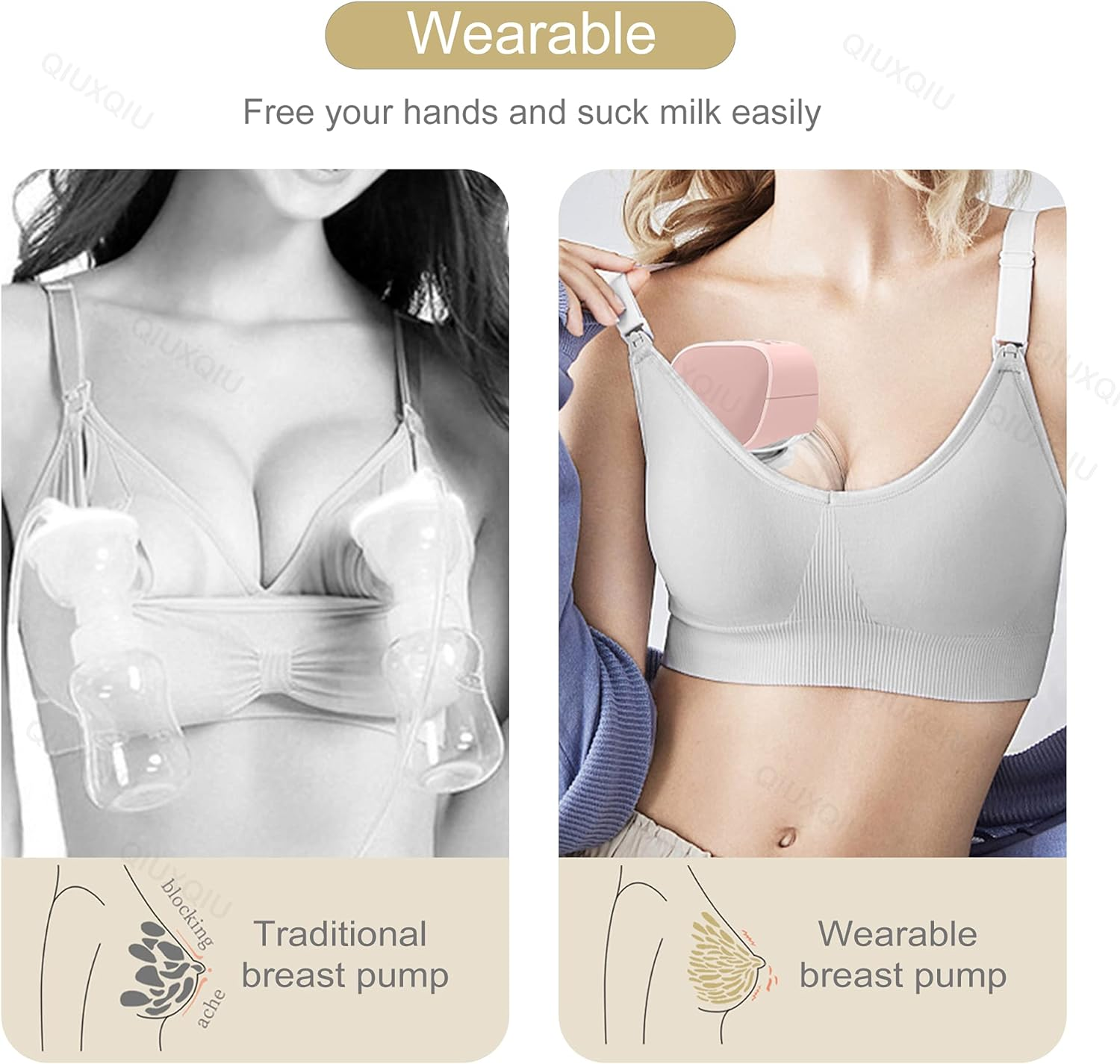 QIUXQIU Wearable Breast Pumps Electric Hands-Free Breast Milk Extractor Portable Spill-Proof Ultra-Quiet Pain Free Breastpump with 2 Mode & 5 Levels USB Rechargeable Battery Breast Milk Pump (Pink) - Pink image number 6