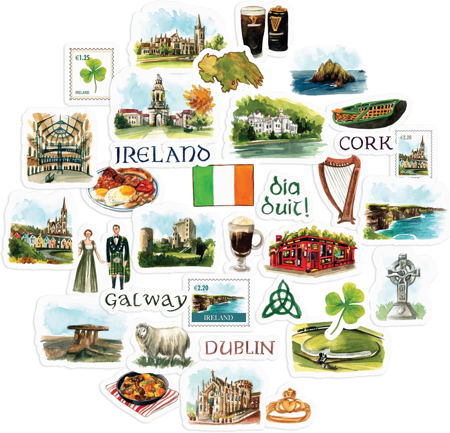 Navy Peony Emerald Ireland Travel Stickers (34Pcs) - Watercolor, Waterproof, Irish Themed Vacation Decals for Journals, Scrapbooks, Tumblers image number 4