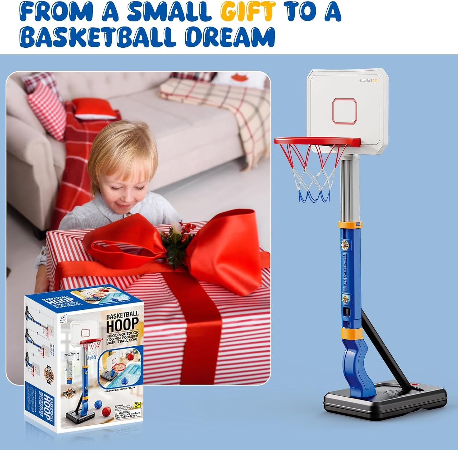 Toddler Basketball Hoop, Adjustable Height 2.3-4.5Ft Baby Basketball Goal Set with 4 Balls & Pump, Backyard Poolside Basketball Toy for Boys & Girls Birthday Gift