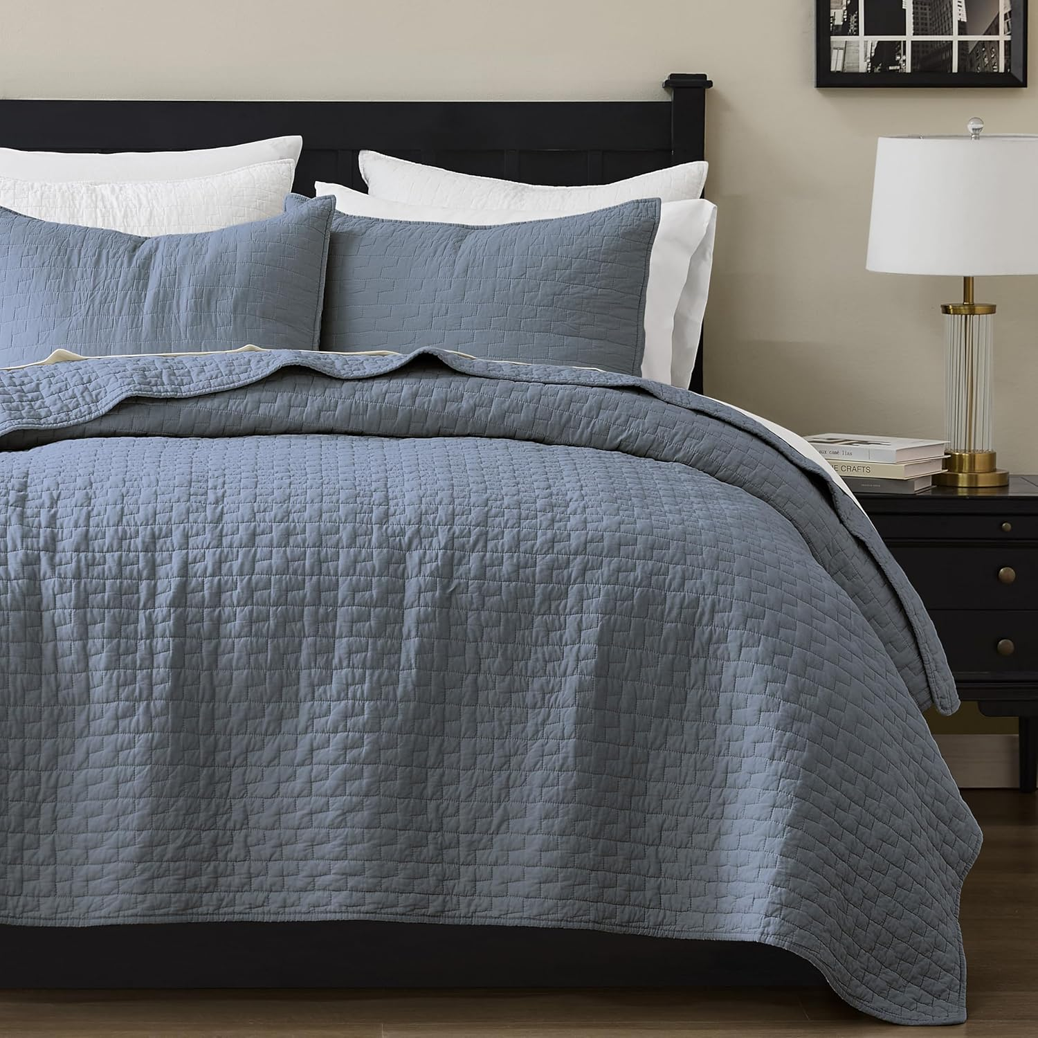Palassio Blue Grey 100% Cotton Quilt California Cal King Size Bedding Sets with 2 Pillow Shams, Oversized Lightweight Bedspread Shabby Chic Coverlet, Soft Bed Cover for All Season, 3 Pieces