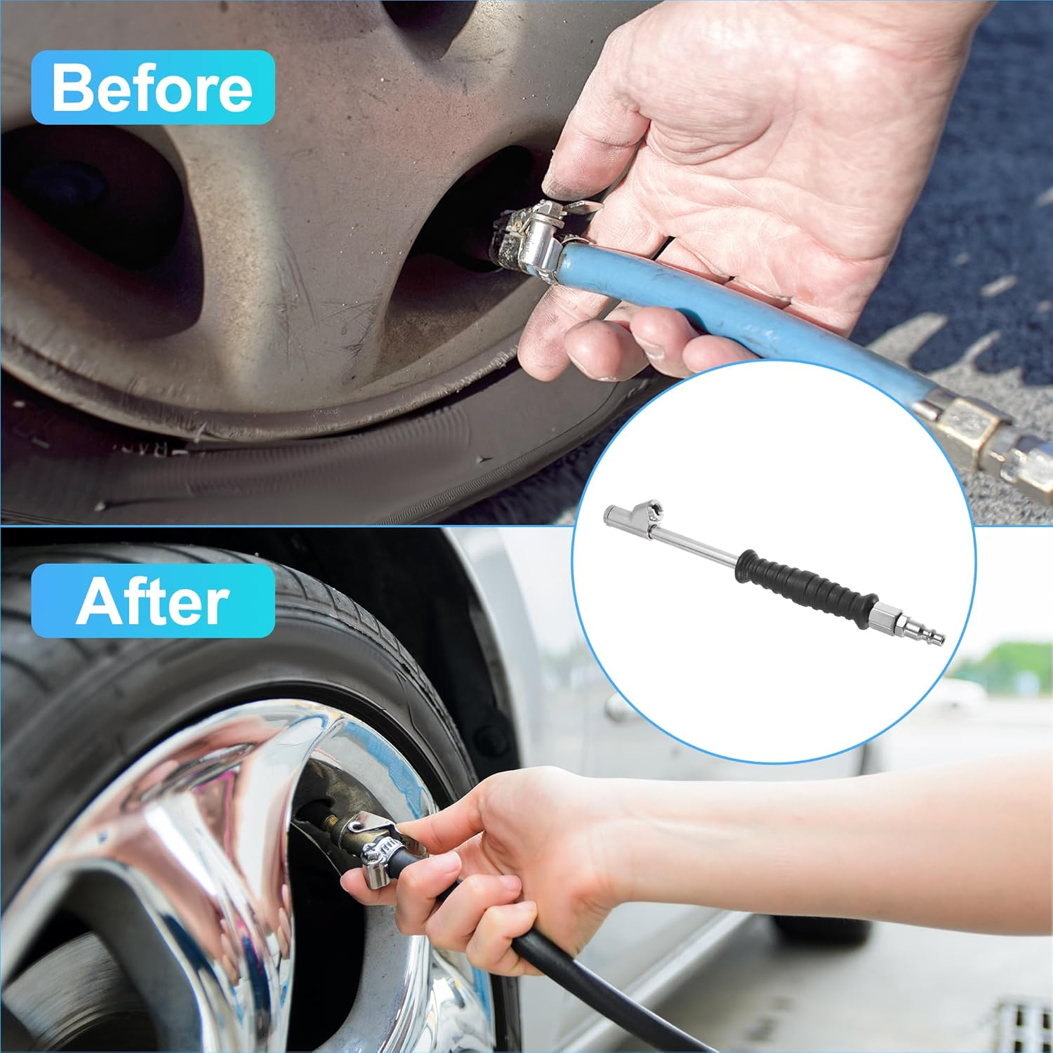 Uxcell 1 Set Metal Dual Head Car Air Tire Tyre Inflator Chuck Valve Silver Tone Black for Tire Inflator Gauge and Air Compressor Accessories image number 5