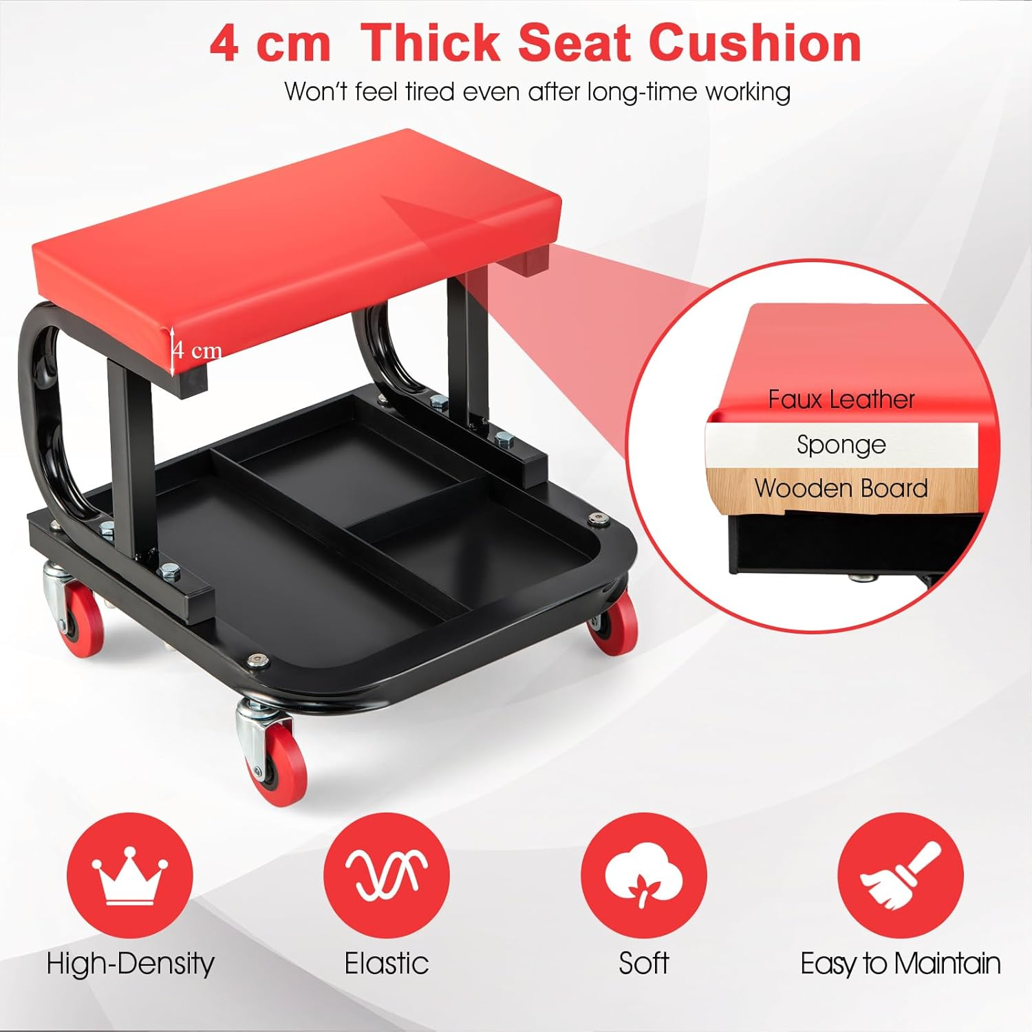 Costway Rolling Creeper, Garage/Shop Seat, Soft Padded Mechanic Seat with Tool Tray Storage, Rolling Creeper Seat with 4 Universal Casters, 150 Kg Capacity image number 6