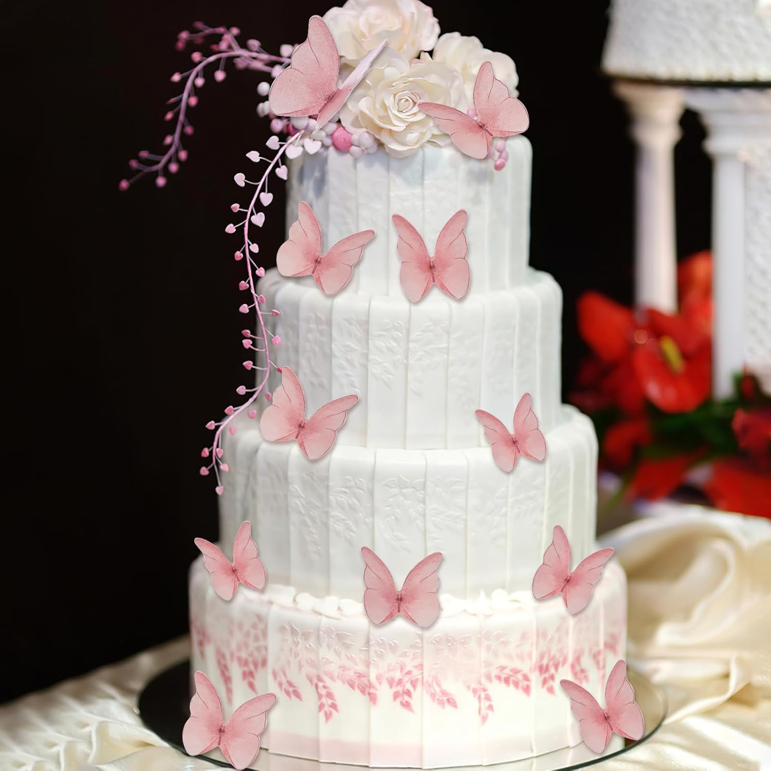 48PCS Edible Butterfly Cake Decorations Wafer Paper Butterflies for Cake Decorating, Vivid Colorful Butterfly Cupcake Toppers for Wedding Birthday Party Cupcakes Decorating Supplies(Pink) image number 1