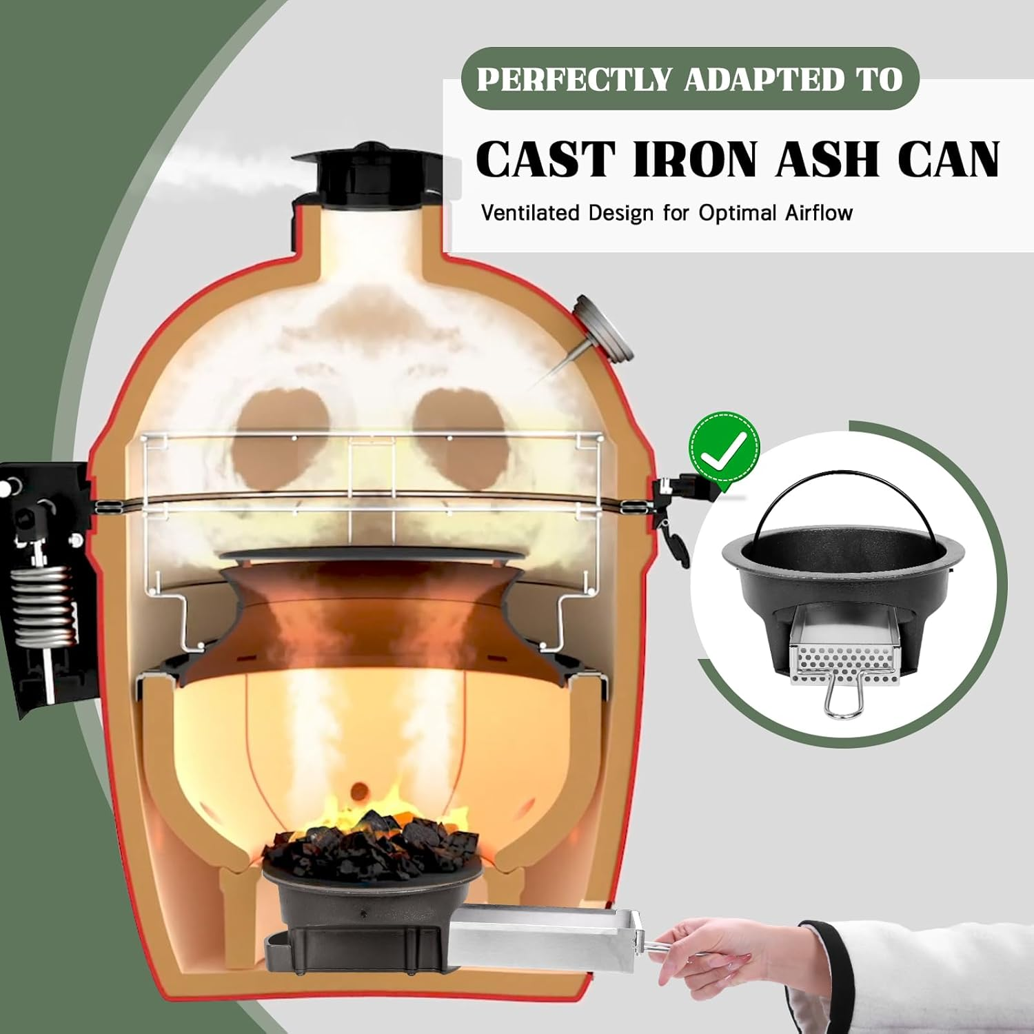 Vankey Slide Out Ash Drawer for Kamado Joe Classic Joe-Use with Cast Iron Ash Can, Premium Stainless Steel Ash Cleaning Tool with Removable Handle, Easy to Install Ceramic Grill Accessories image number 4