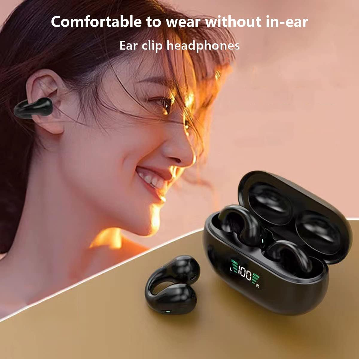 Wireless Ear Clip Bone Conduction Earbuds Open Ear Headphones Bluetooth 5.3, Mini Clip on Sport Earphone Painless Wireless Bluetooth Headset for Running Driving Workout, LED Battery Display Black image number 1