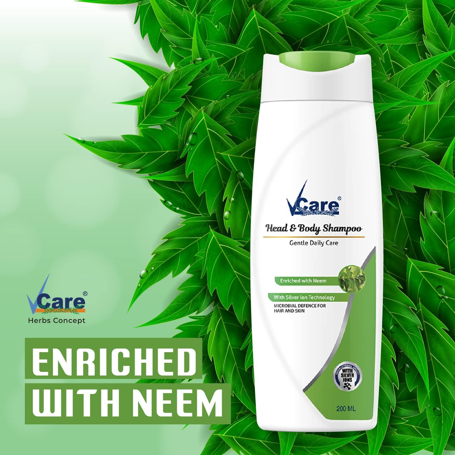 Vcare Head & Body Shampoo, 200 Ml, (Pack of 2), Enriched with Neem and Silver Iron Technology image number 3