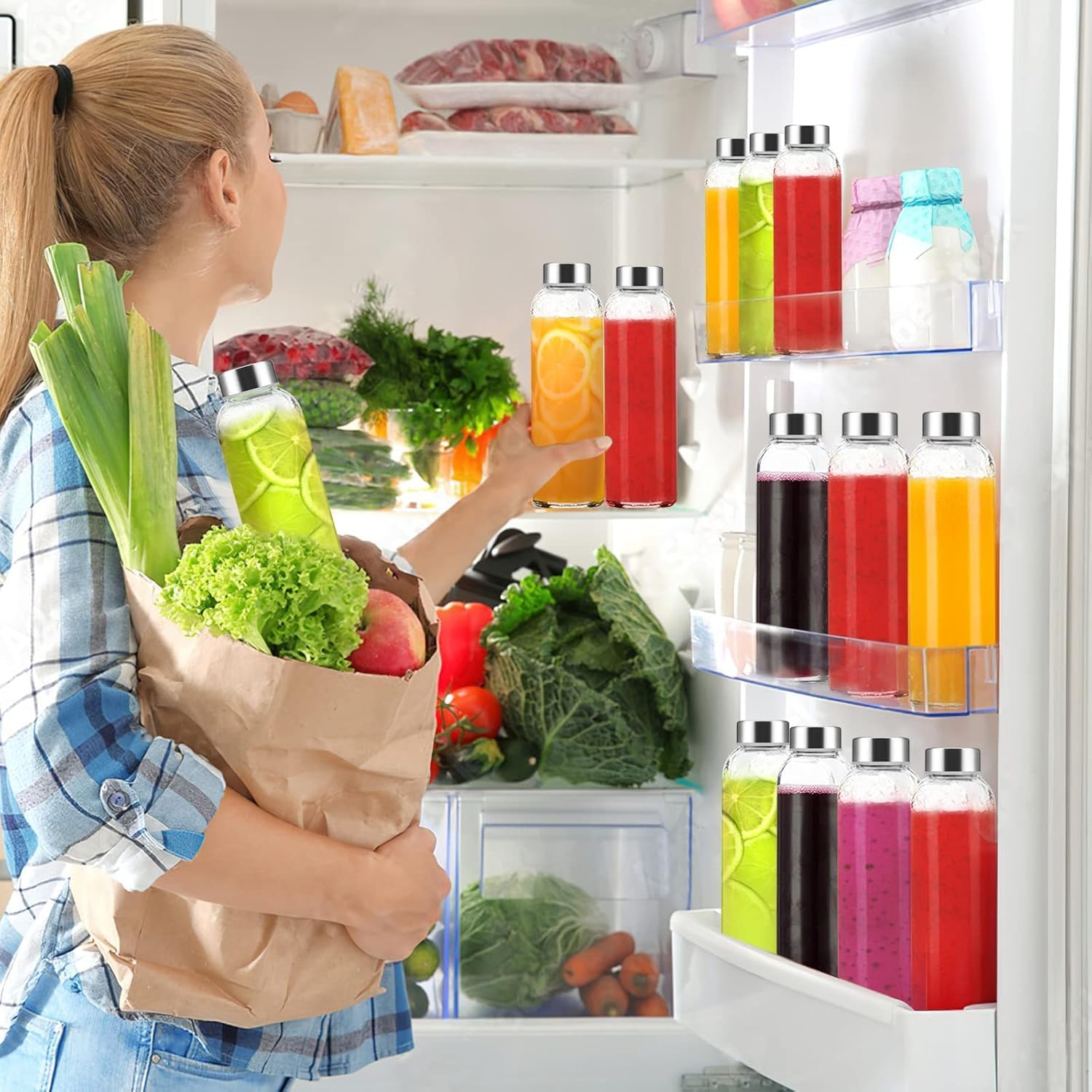 Clear Glass Bottles with Lids 18 Oz, Reusable, BPA Free Eco Friendly, Leak Proof, Glass Water Bottles with Stainless Steel Cap for Juicing, Refrigerator, Set of 6 image number 4