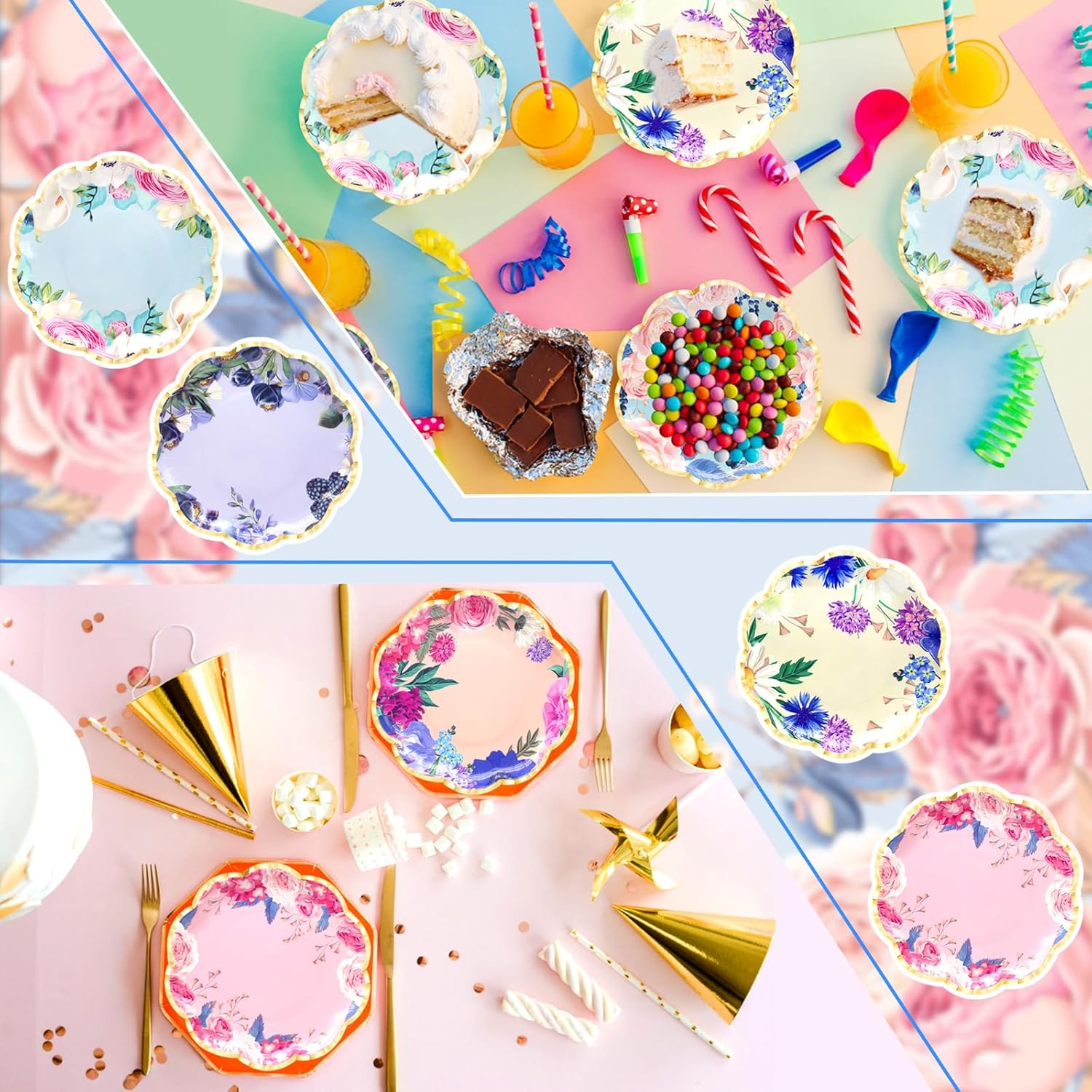 Benvo 60 Pack Floral Paper Plates 9 Inch Flower Dessert Plates Sparkle Disposable Plates for Tea Party Garden Party Baby Shower Bridal Shower Birthday Wedding Decorations(6 Assorted Styles) image number 1