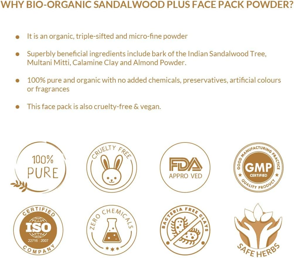 INDUS VALLEY Bio Organic Sandalwood Face Pack Powder Santalum Album, Chandan Powder for Face and Skin Care, (Face Glowing & Tan Removal Face Pack 200Gm) image number 2