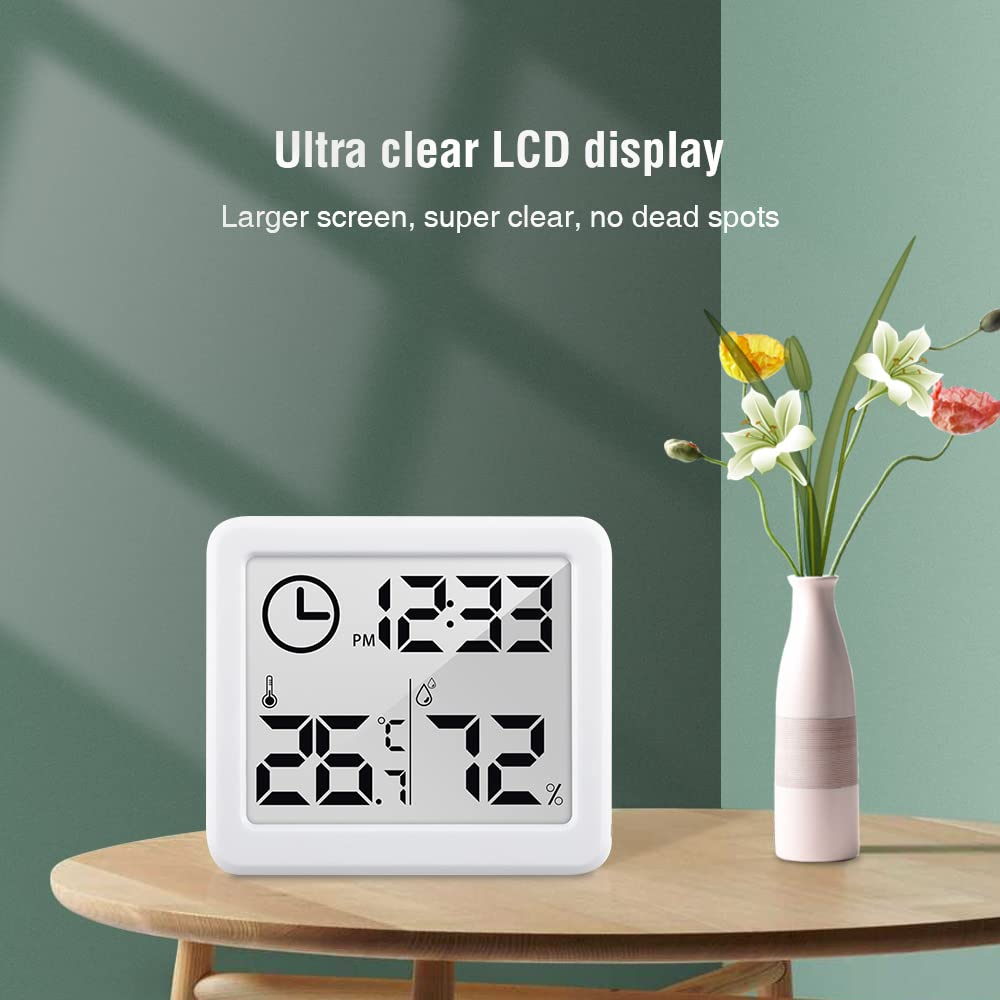 [2 Pack] 3.2 Inch Digital Indoor Hygrometer Thermometer, Room Humidity Gauge with Time Clock, High Accuracy Temperature Humidity Monitor with Magnet for Home Office Baby Room Greenhouse White image number 1