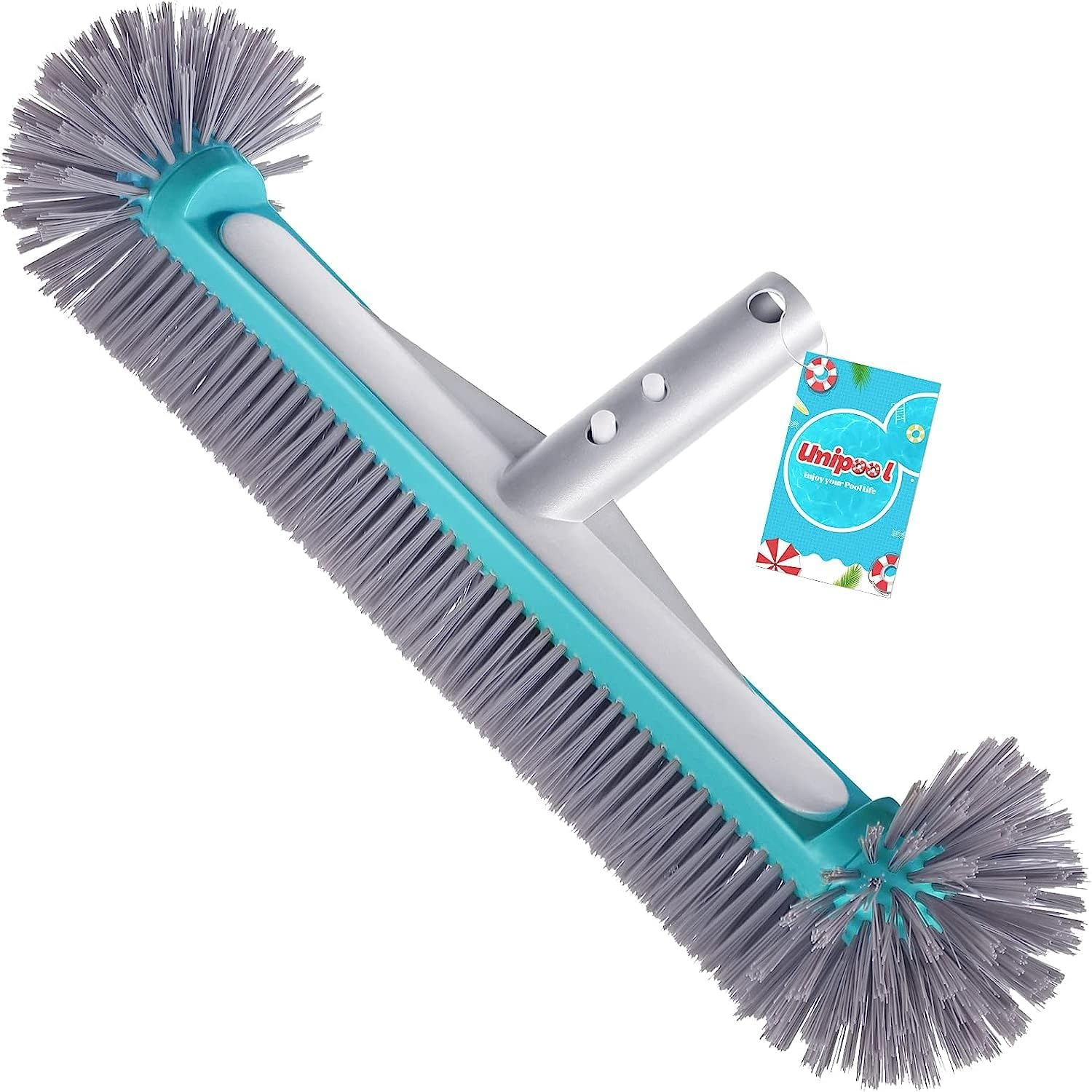 Professional Swimming Pool Brush Head with round Ends,17.5" Heavy Duty Aluminum Back for Cleaning Pool Walls, 7 Rows Premium Nylon Bristles with EZ Clips (Green Grey)