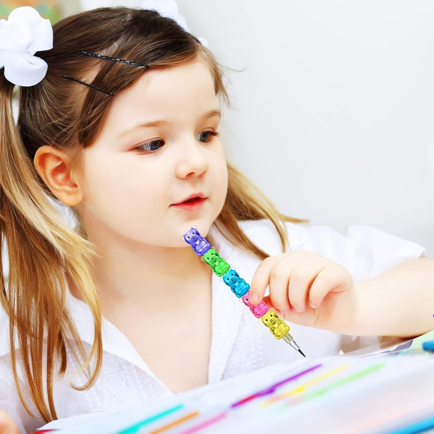 30 Pieces Stackable Bear Pencils, Colored Bear Stacking Pencils, Plastic 5 in 1 Gummy Bear Pencils Birthday Party Favors Supplies School Fun Gift image number 5