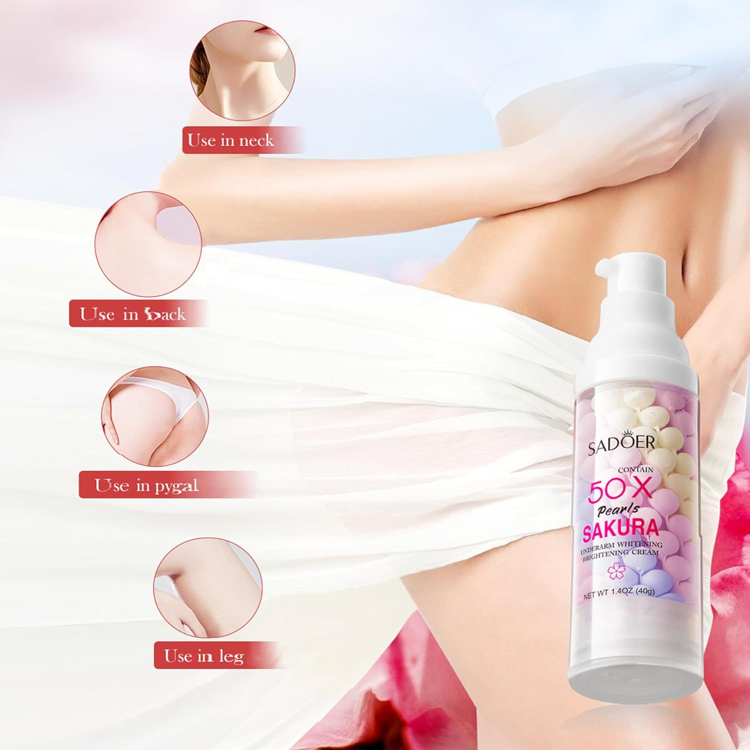 Skin Whitening Cream Gentle Formula Cherry Blossom for Dry Arm Black Spots Body Legs Underarms Bikini Area Skin Whitening Bleach with Smoothness Moisturizng 40G 1.4OZ image number 2