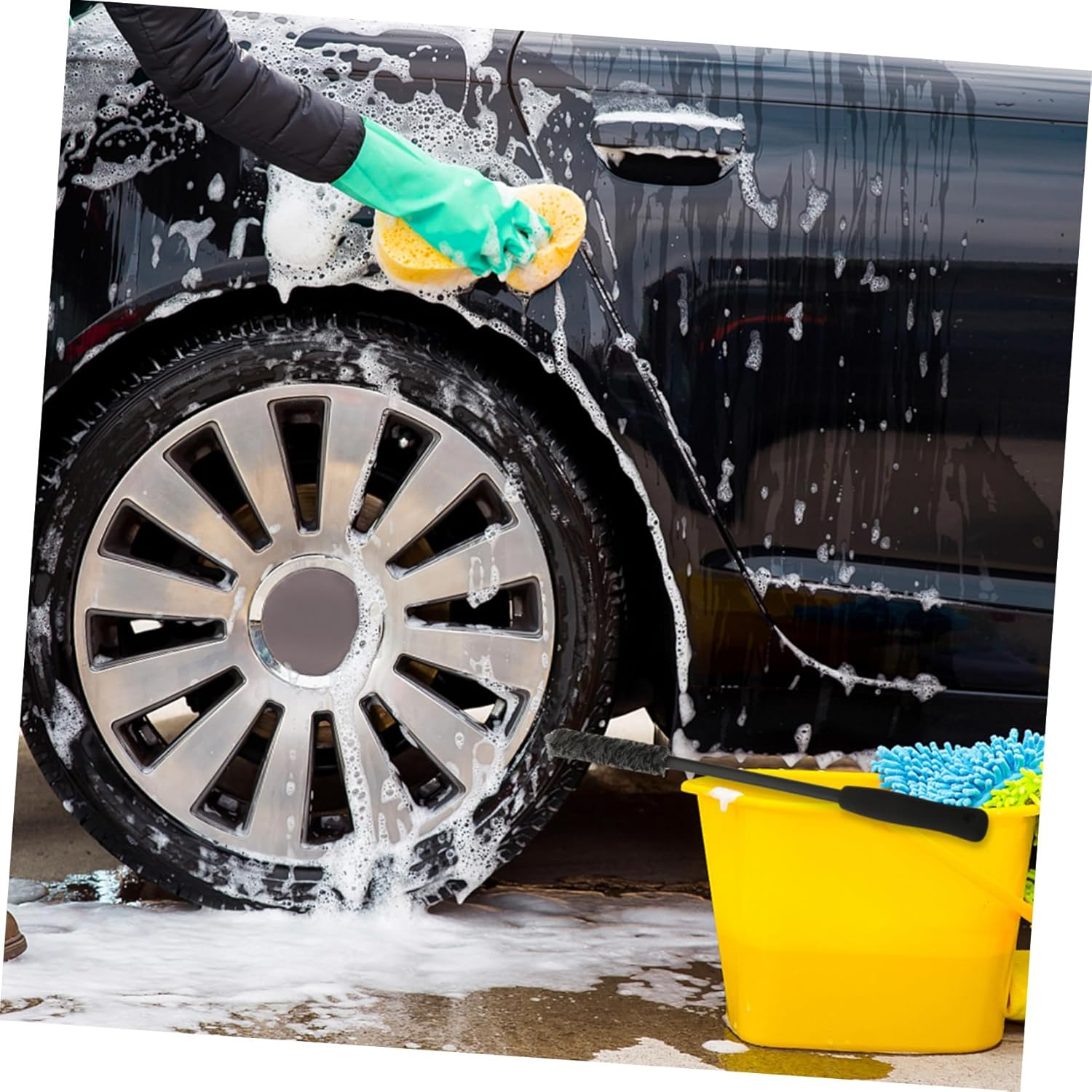 HAPINARY Car Wheel Cleaner Brush and Rim Cleaning Brush 2Pcs Set, Synthetic Fiber, Black-Grey, for Vehicle Detailing and Tire Cleaning, Automotive Wheel Care Tool for All-Season Use image number 1