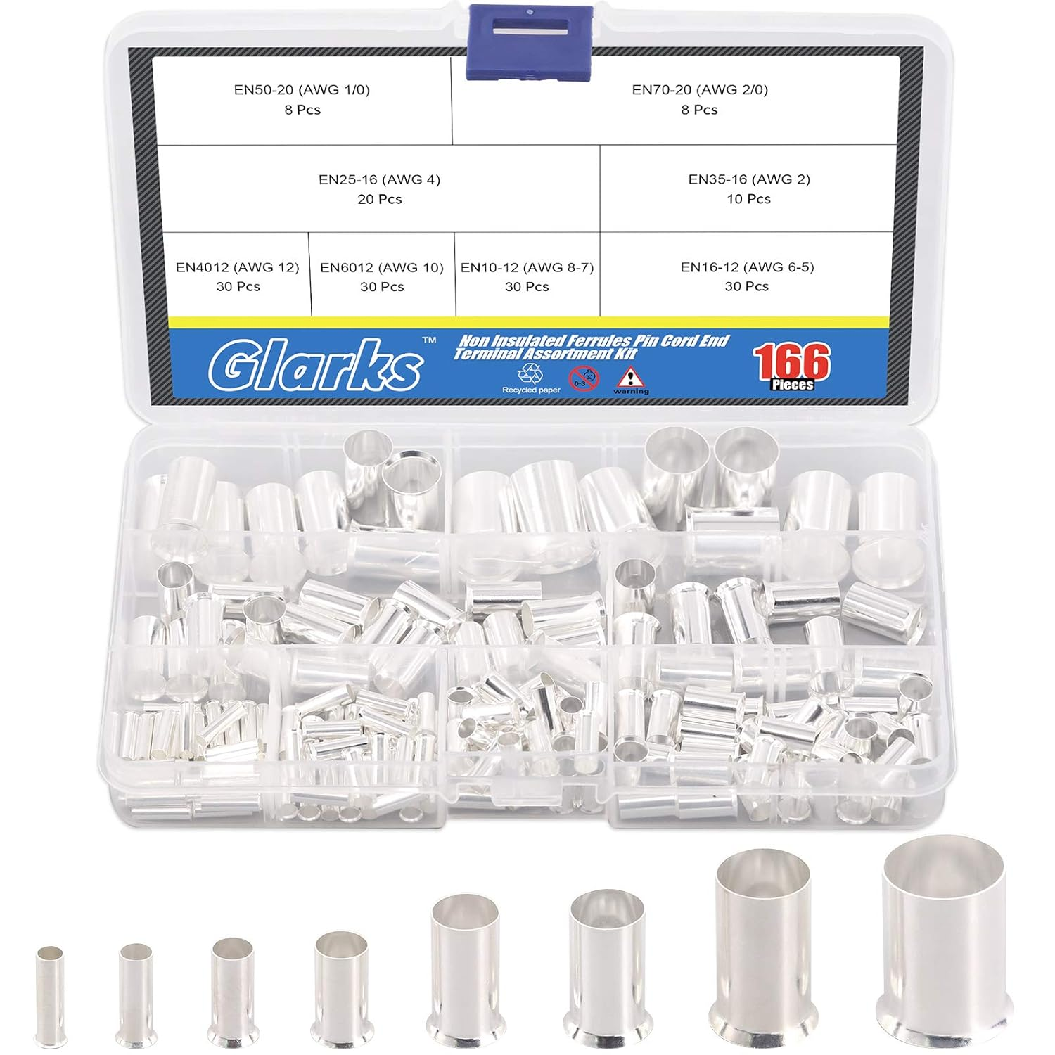 Glarks 166Pcs 8 Sizes AWG 12 10 8 6 4 2 1 2/0 Wire Ferrules Kit Silver Plated Copper Crimp Connector Non Insulated Ferrules Pin Cord End Terminals Assortment Kit image number 3