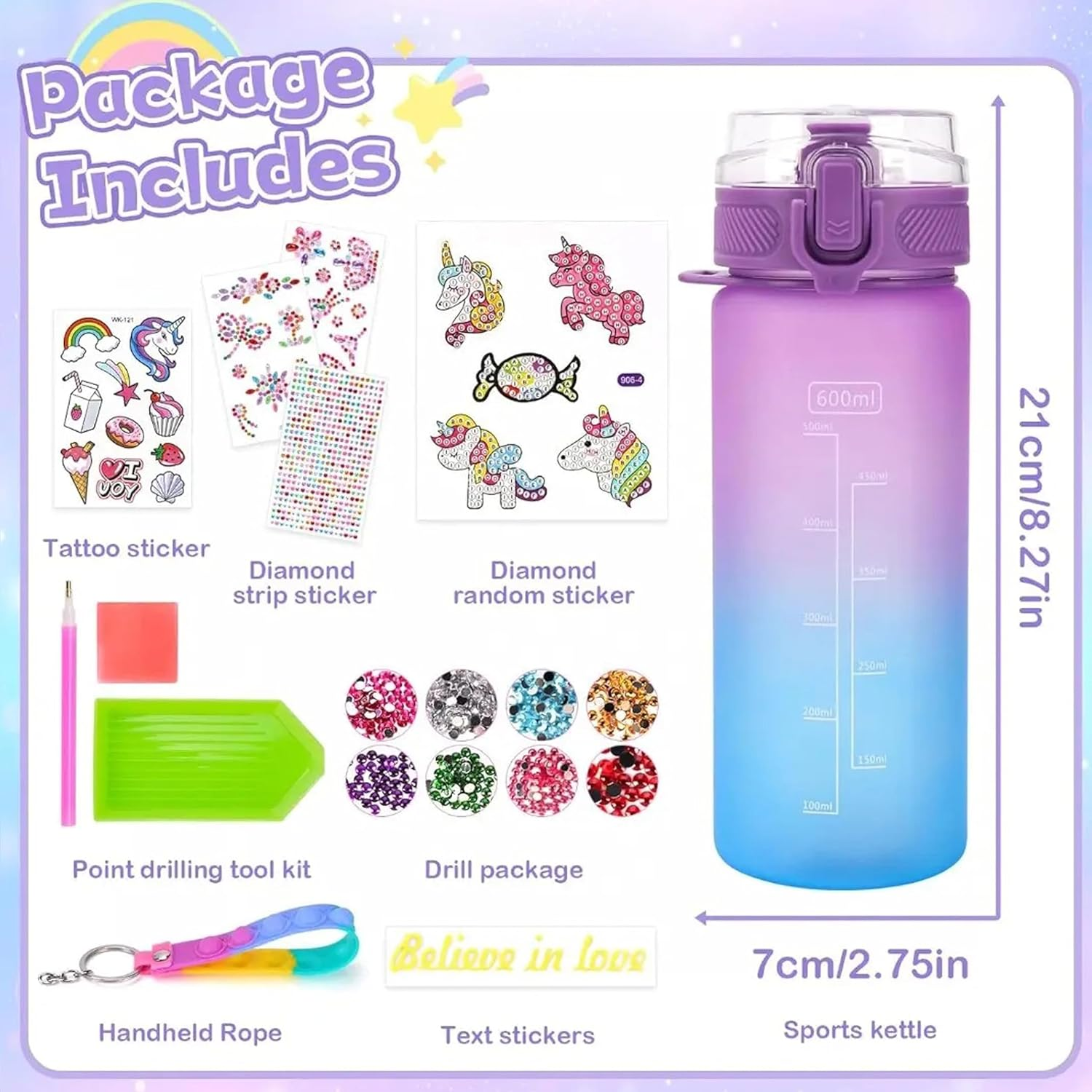 Unicorn Decorate Your Own Water Bottle Kits, Gifts for Girls Age 5 6 7 8 9: Craft Kits for Kids 6-12 Girls Toys 4-12 Year Old Kids Birthday Present for 8-9-10-11 Children Diamond Art Stickers