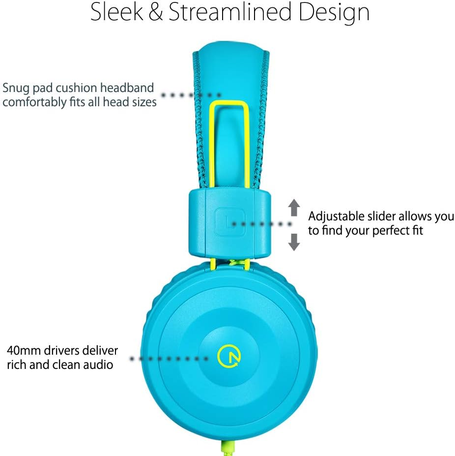 Kids Headphones-Noot Products K22 Foldable Stereo Tangle-Free 3.5Mm Jack Wired Cord On-Ear Headset for Children/Teens/Boys/Girls/Smartphones/School/Kindle/Airplane/Plane/Tablet (Teal/Lime) - Lime image number 3