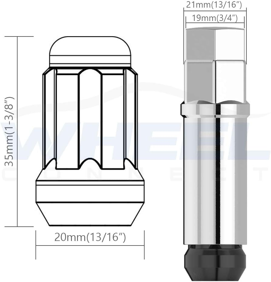 WHEEL CONNECT Spline Lug Nuts, Acorn for Conical Seat. 12X1.5, Thread, Set of 20 with 1 Key and 1 Storage Bag, for Aftermarket Custom Tuner Wheel, Black Finish.M 12 X 1.50 image number 3