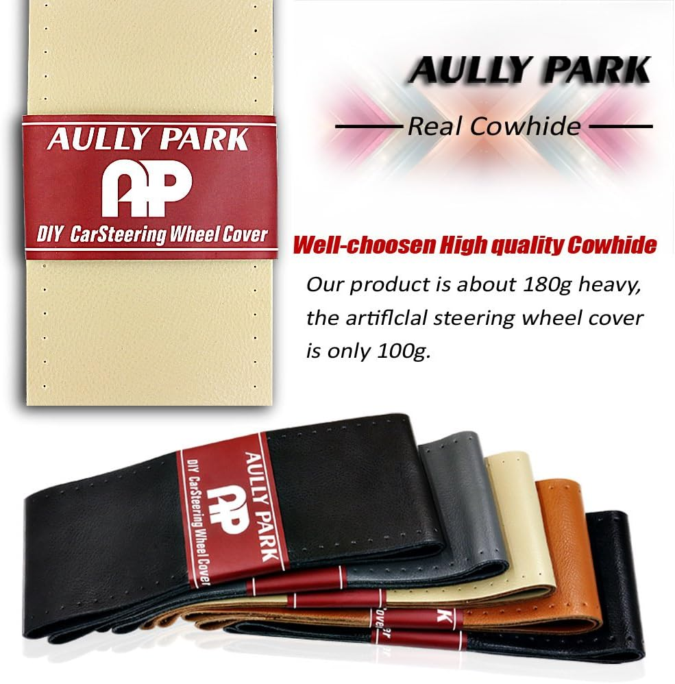 AULLY PARK Universal Car Steering Wheel Cover Genuine Leather Stitch on Wrap (Size M, Black) image number 2