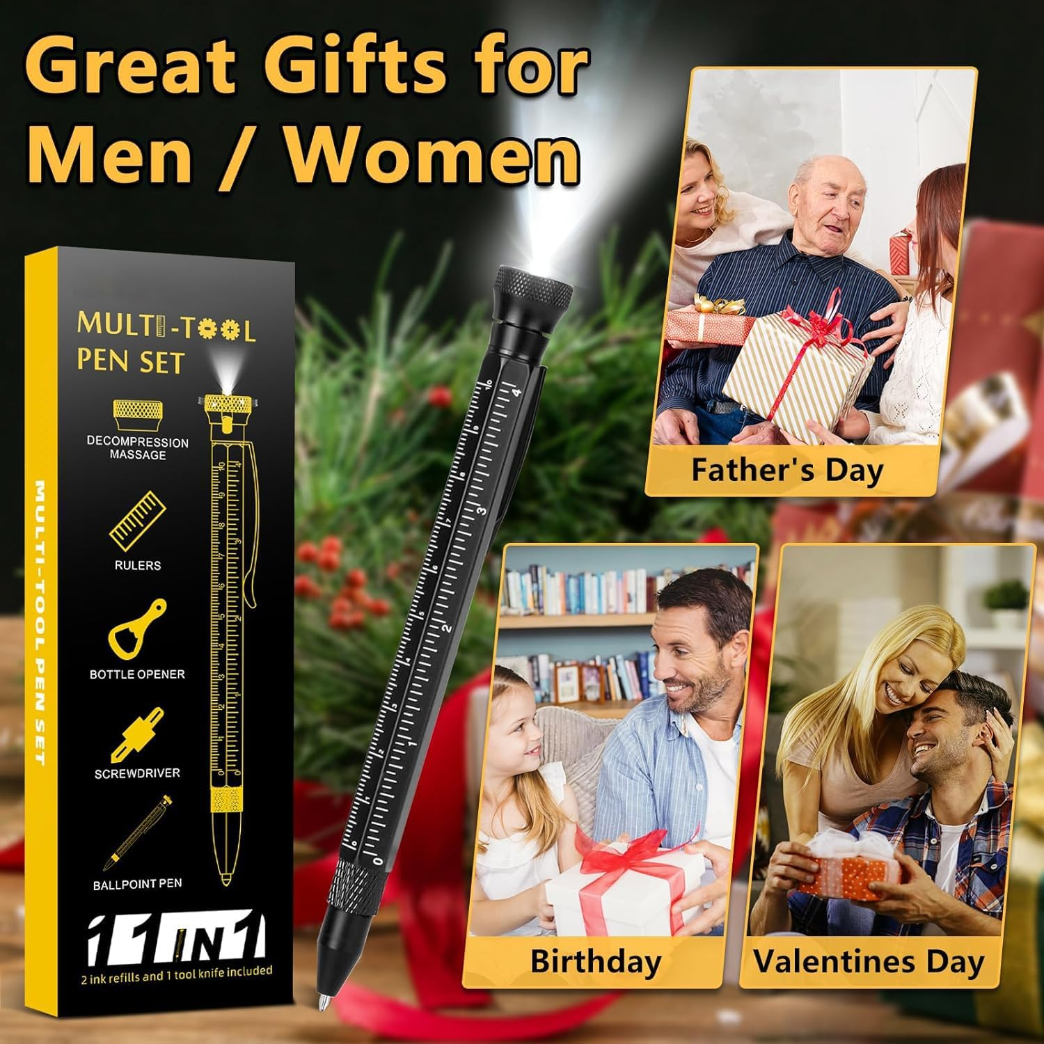 Gifts for Men, 12 in 1 Multitool Pen with Stress Relief Accessory, Flashlight Pen Bottle/Box Opener Hook Remover Lightweight Wrench, Cool Gadgets Tools for Dad, Husband, Grandpa, Unique Birthday Gifts image number 4
