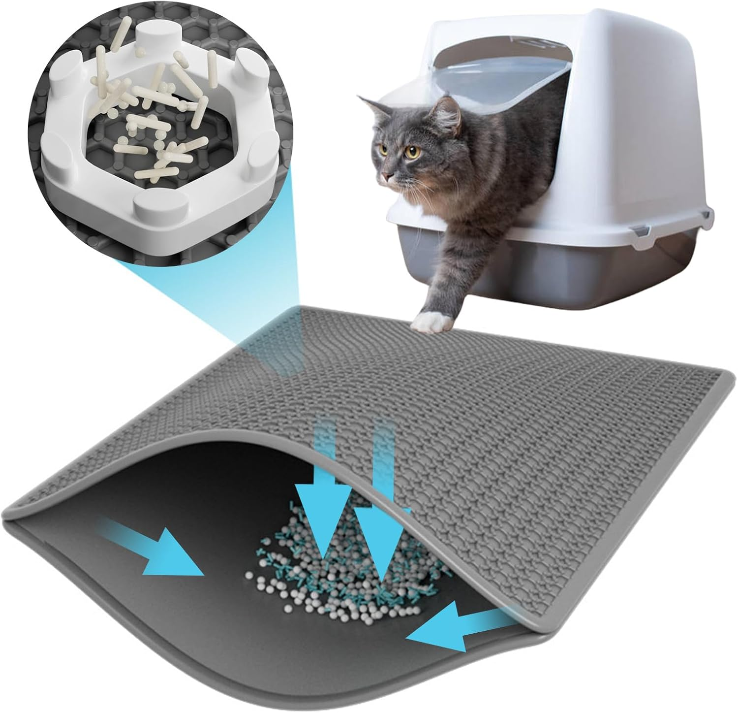 Cat Litter Tray Mat, Large Cat Litter Box Mat, Double Layer Urine, Waterproof, Easy Clean, Non-Slip, Machine Washable, Litter Control, Grey, Large, 24 X 18 Inch