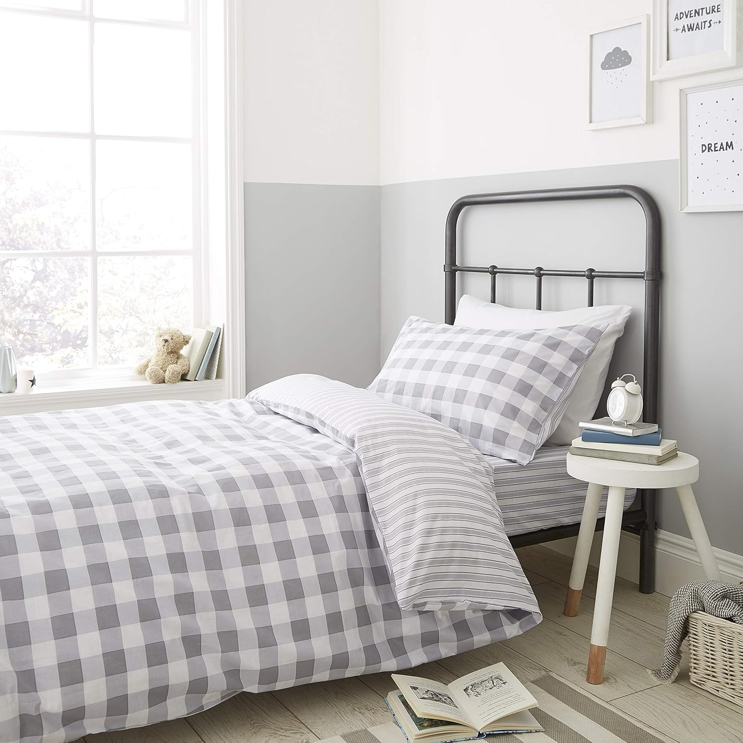 Catherine Lansfield Check and Stripe Grey Duvet Cover Set 135 X 200 Cm + 80 X 80 Cm (Pair)